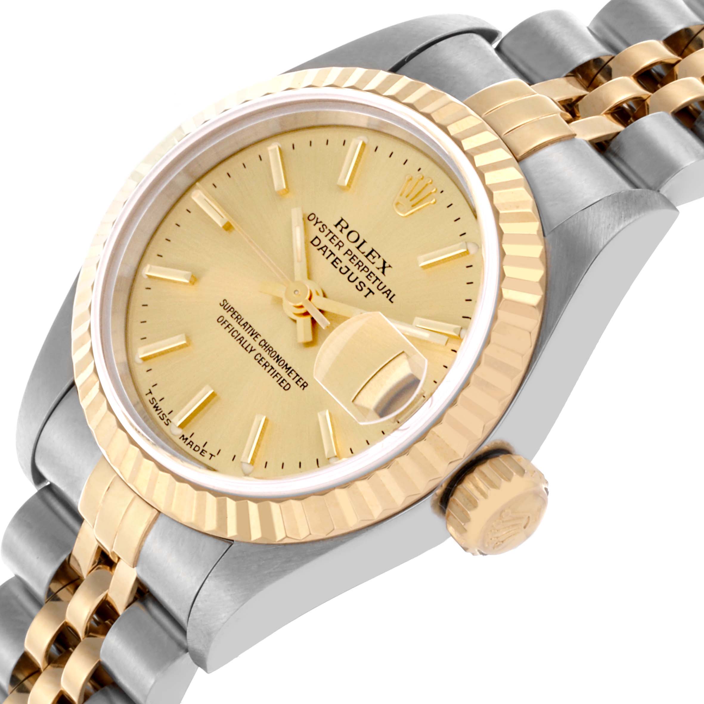 The watch is shown at a tilted angle, highlighting the face, crown, and two-tone bracelet of the Rolex Datejust 69173 Women's Steel and Gold (two tone) Champagne Dial 69173 Women's Steel and Gold (two tone) Champagne Dial.