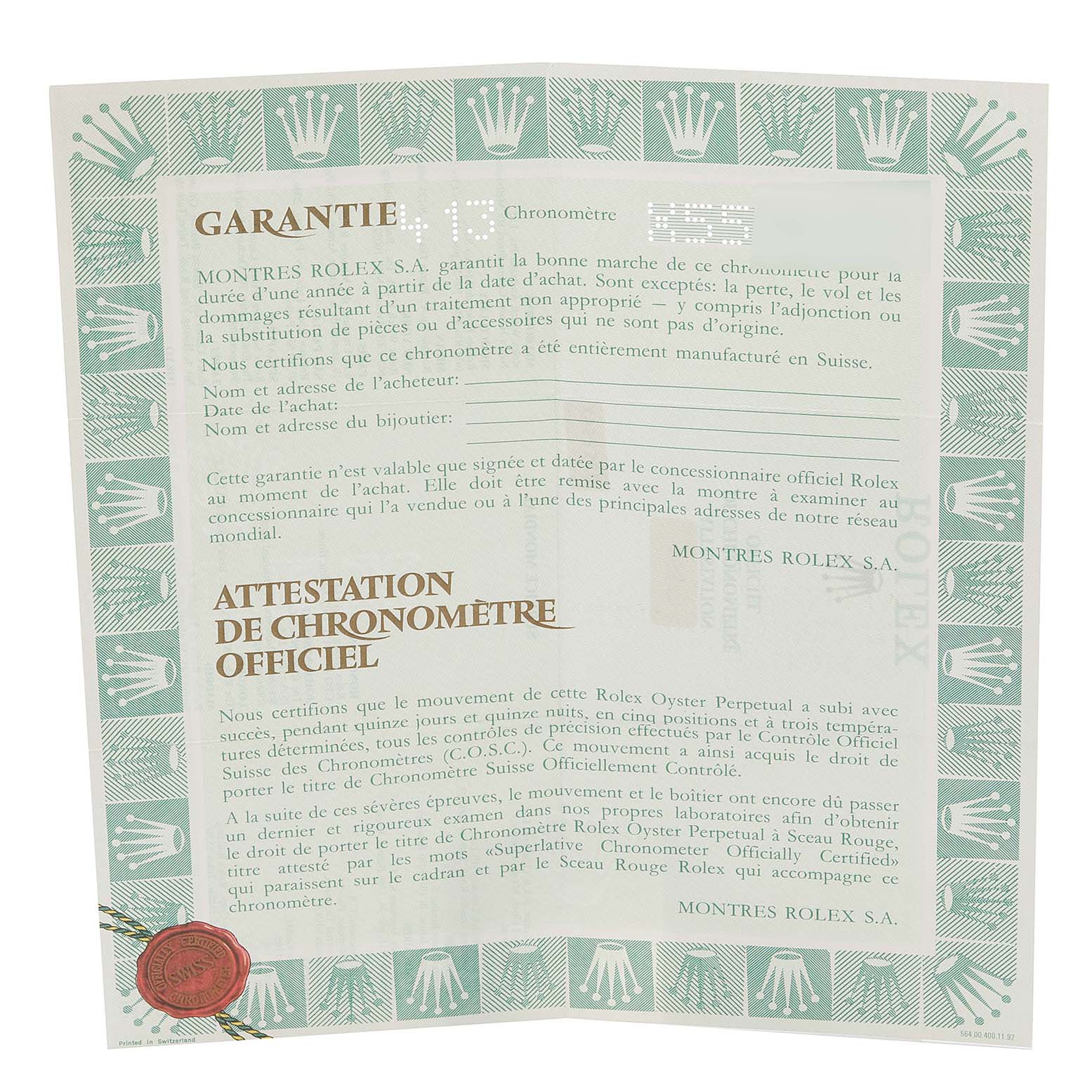 This image shows a warranty certificate for the Rolex Datejust 16233 Men's Steel and Gold (two tone) Champagne Dial 16233 Men's Steel and Gold (two tone) Champagne Dial model, displaying text in French and a green border with Rolex logos.