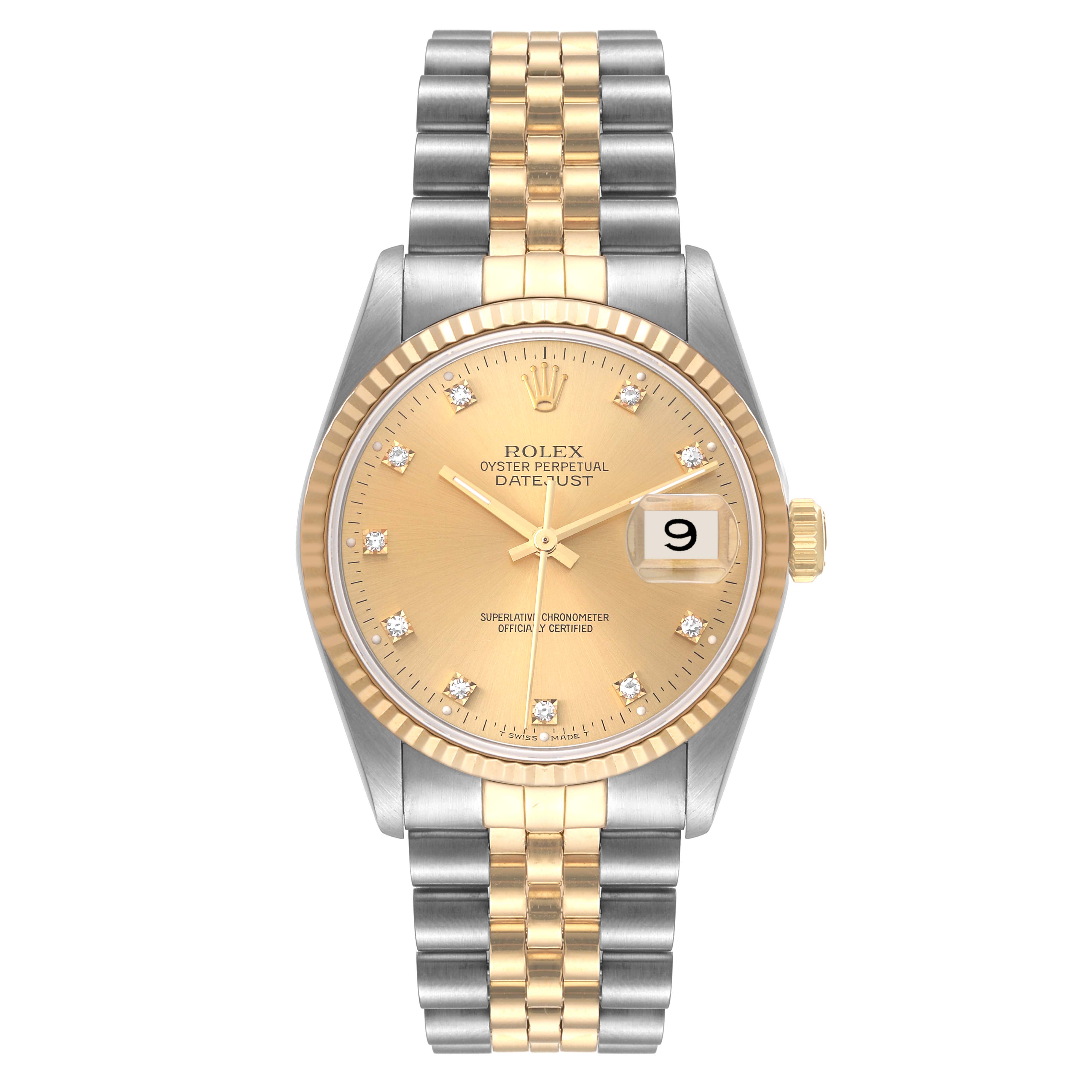 This image displays the face, bezel, and bracelet of a Rolex Datejust 16233 Men's Steel and Gold (two tone) Champagne Dial 16233 Men's Steel and Gold (two tone) Champagne Dial watch from a frontal view.