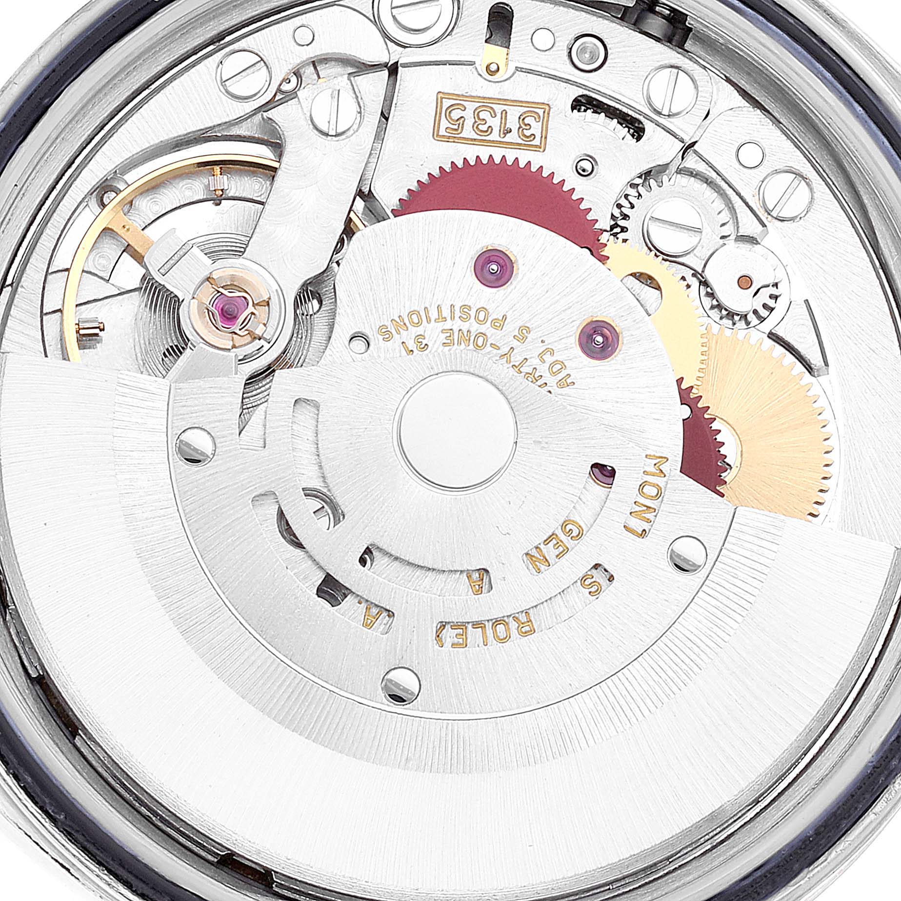 The image shows the internal mechanical movement of a Rolex Datejust 16233 Men's Steel and Gold (two tone) Champagne Dial 16233 Men's Steel and Gold (two tone) Champagne Dial watch viewed from the back.
