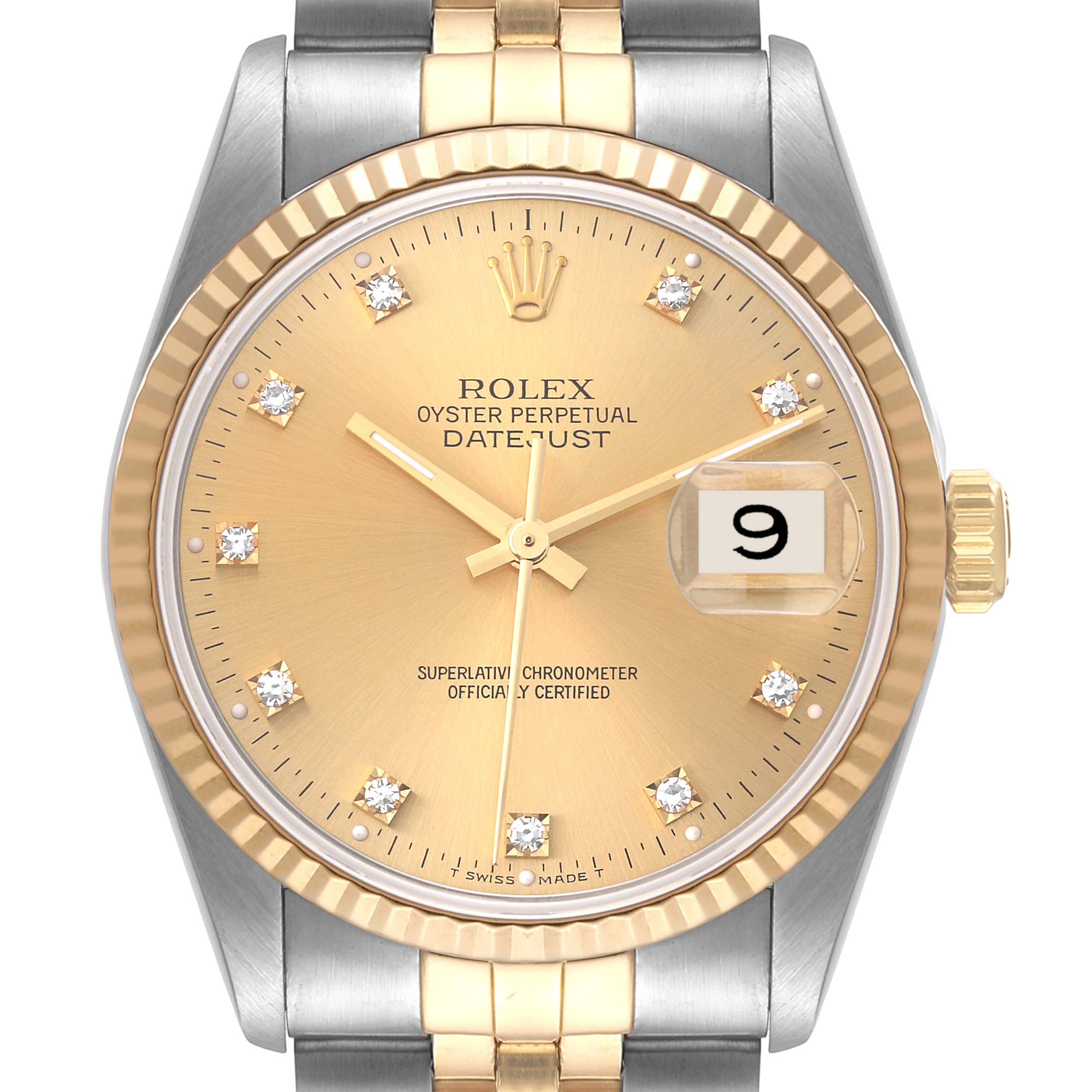 This image shows a close-up of a Rolex Datejust 16233 Men's Steel and Gold (two tone) Champagne Dial 16233 Men's Steel and Gold (two tone) Champagne Dial watch, featuring its bezel, dial, hands, markers, and part of the bracelet.