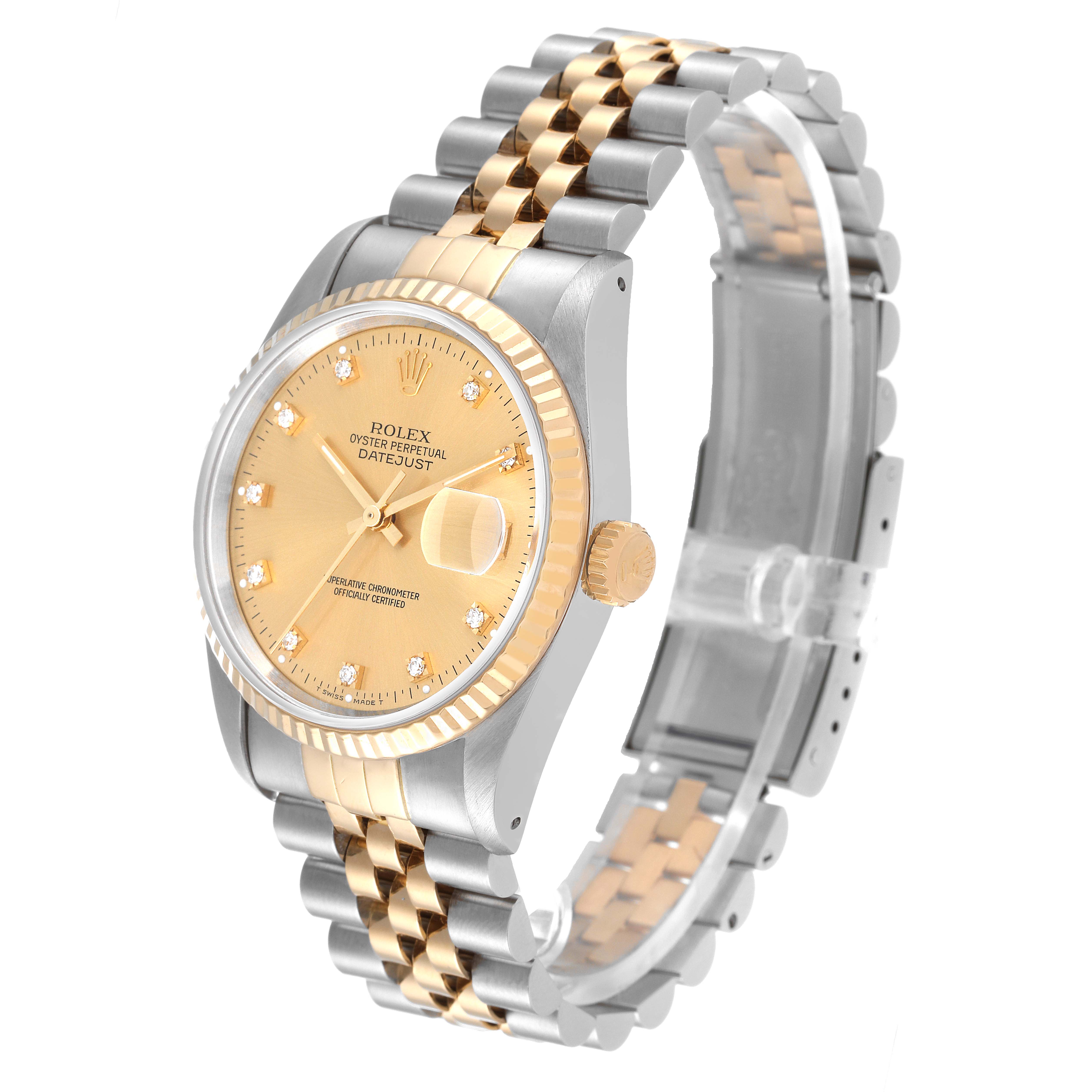 The image shows a Rolex Datejust 16233 Men's Steel and Gold (two tone) Champagne Dial 16233 Men's Steel and Gold (two tone) Champagne Dial watch at a three-quarter angle, highlighting its dial, bezel, crown, and two-tone bracelet.