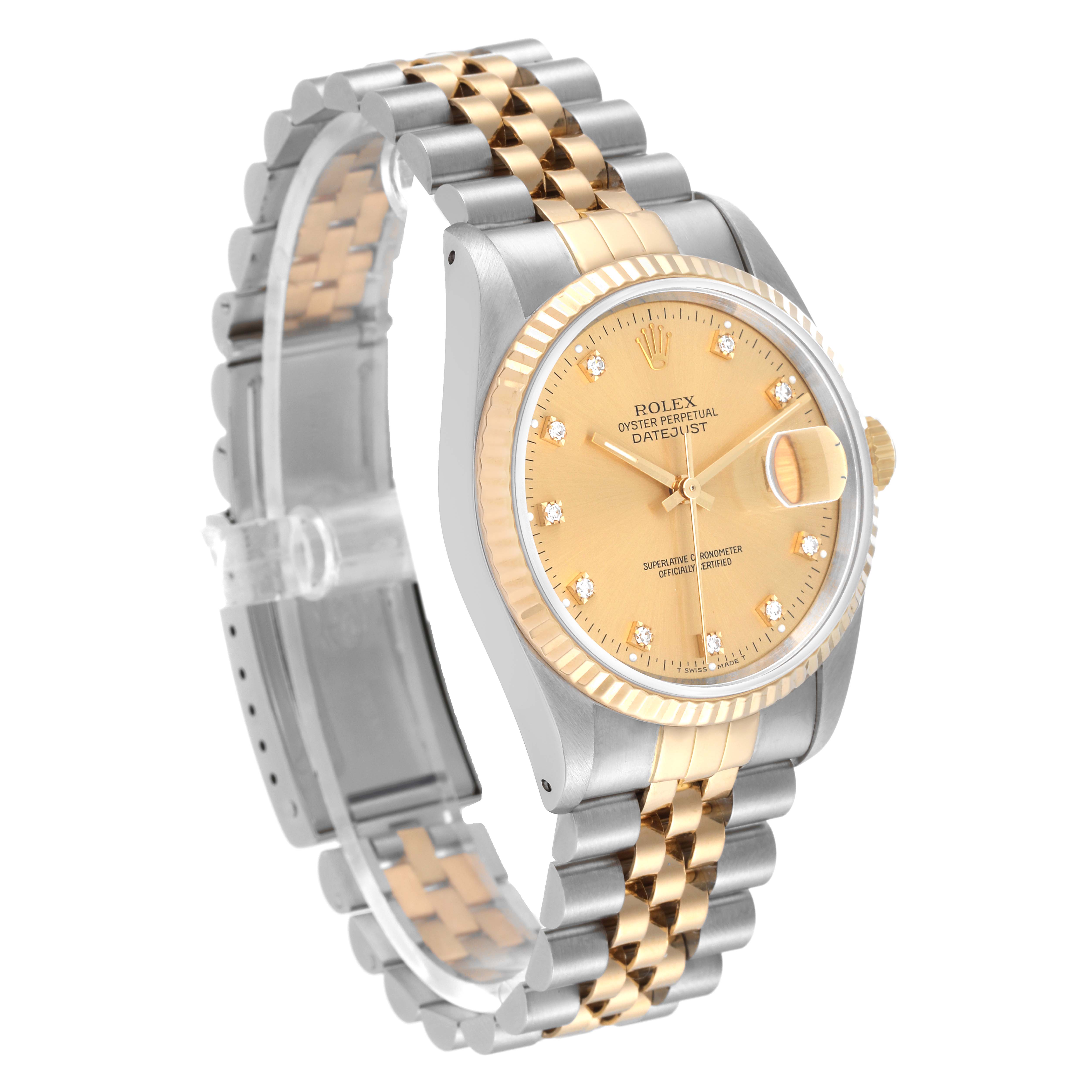 The Rolex Datejust 16233 Men's Steel and Gold (two tone) Champagne Dial 16233 Men's Steel and Gold (two tone) Champagne Dial watch is shown at a slight angle, displaying its face, bracelet, and fluted bezel.