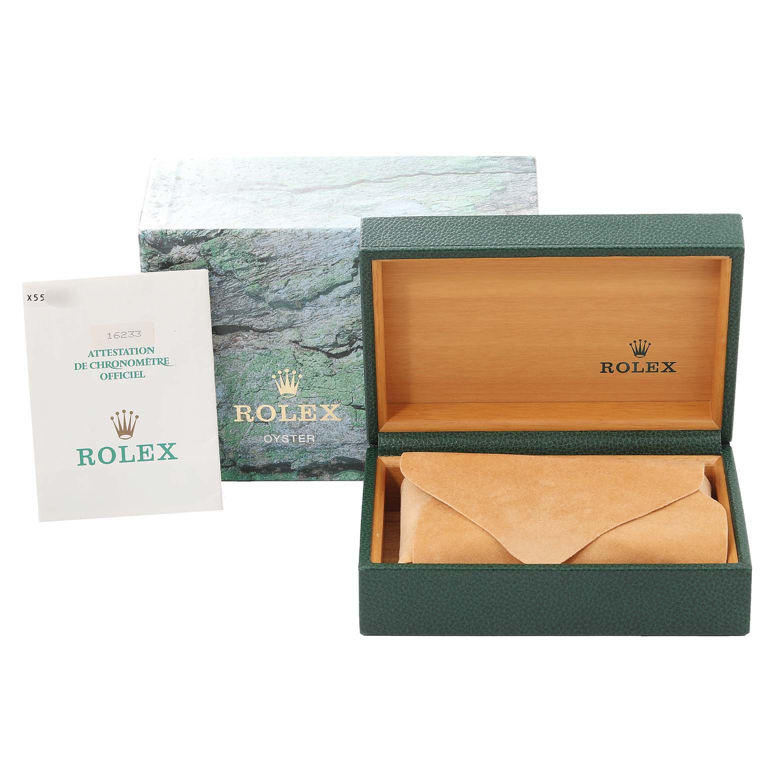The image shows the Rolex Datejust 16233 Men's Steel and Gold (two tone) Champagne Dial 16233 Men's Steel and Gold (two tone) Champagne Dial's packaging, which includes the watch box, outer box, and an authentication certificate.