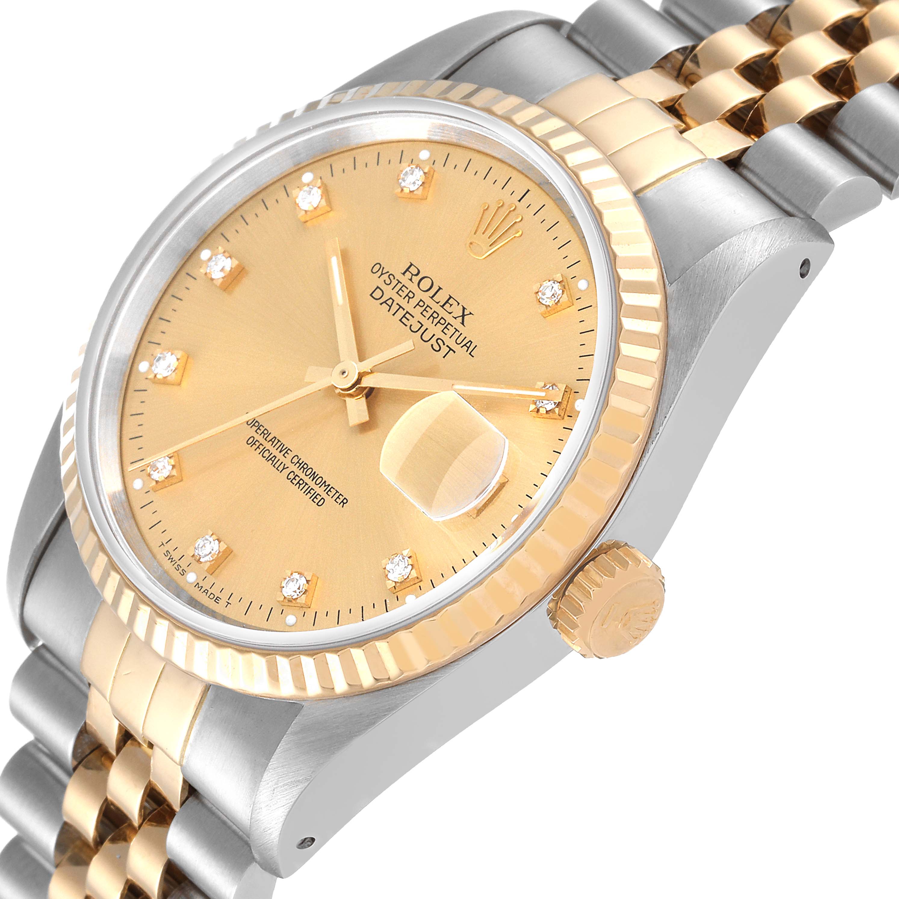 The image shows the Rolex Datejust 16233 Men's Steel and Gold (two tone) Champagne Dial 16233 Men's Steel and Gold (two tone) Champagne Dial watch at a slight angle, displaying its gold dial, Jubilee bracelet, and fluted bezel.