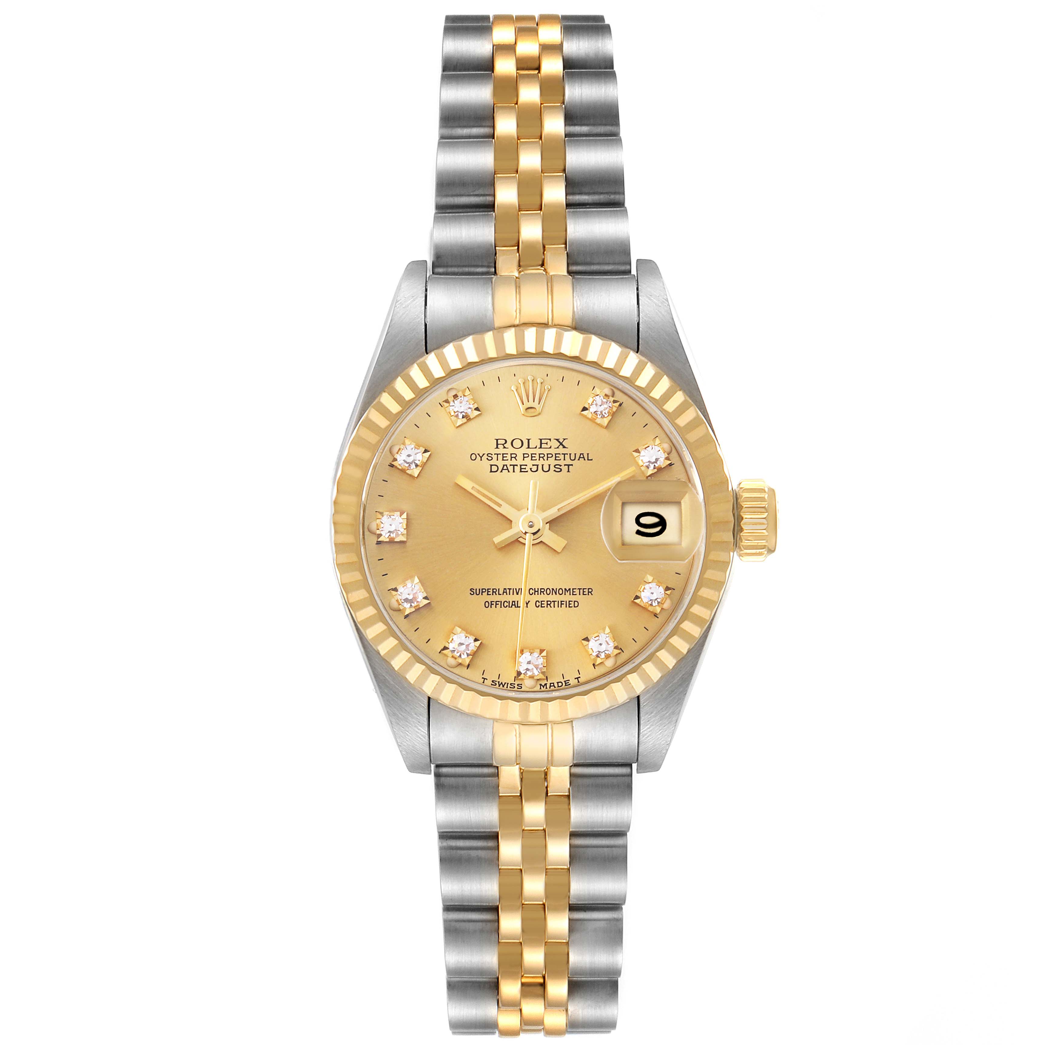 The image shows a Rolex Datejust 69173 Women's Steel and Gold (two tone) Champagne Dial 69173 Women's Steel and Gold (two tone) Champagne Dial watch from a top-down angle, highlighting the dial, bezel, and two-tone bracelet.