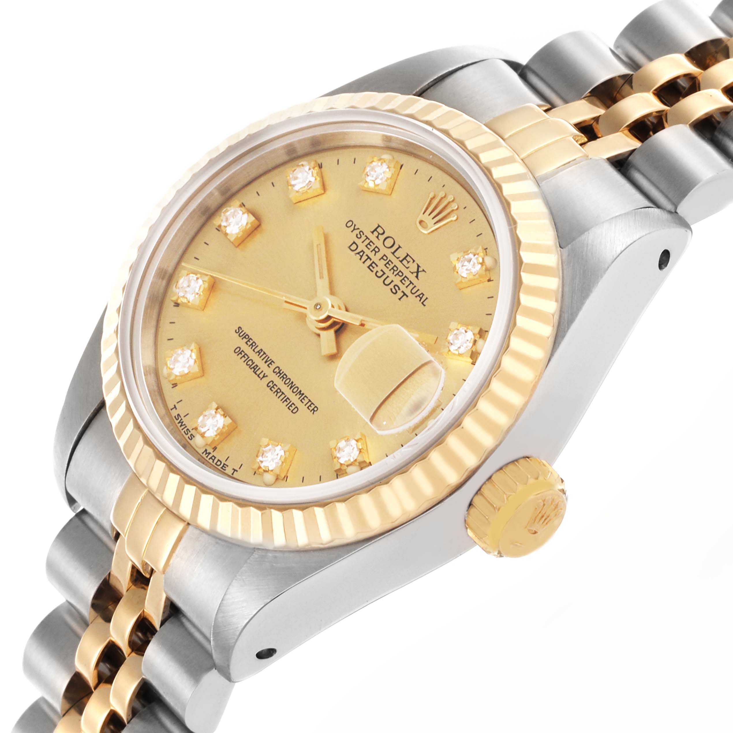 The Rolex Datejust 69173 Women's Steel and Gold (two tone) Champagne Dial 69173 Women's Steel and Gold (two tone) Champagne Dial watch is shown at a tilted angle, highlighting the gold bezel, crown, dial with diamond markers, and two-tone bracelet.
