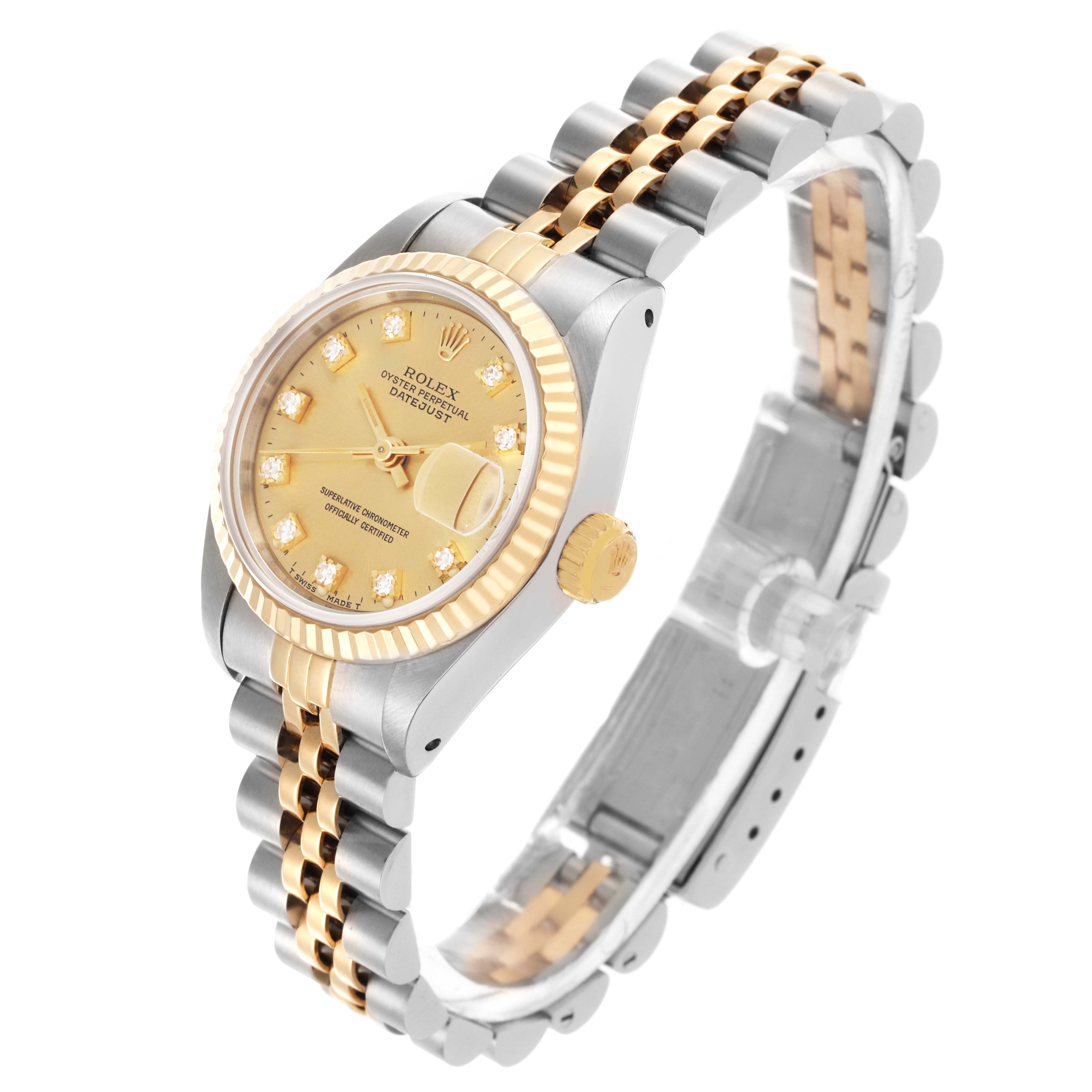 The Rolex Datejust 69173 Women's Steel and Gold (two tone) Champagne Dial 69173 Women's Steel and Gold (two tone) Champagne Dial watch is shown at an angle highlighting the case, dial, fluted bezel, crown, and Jubilee bracelet.