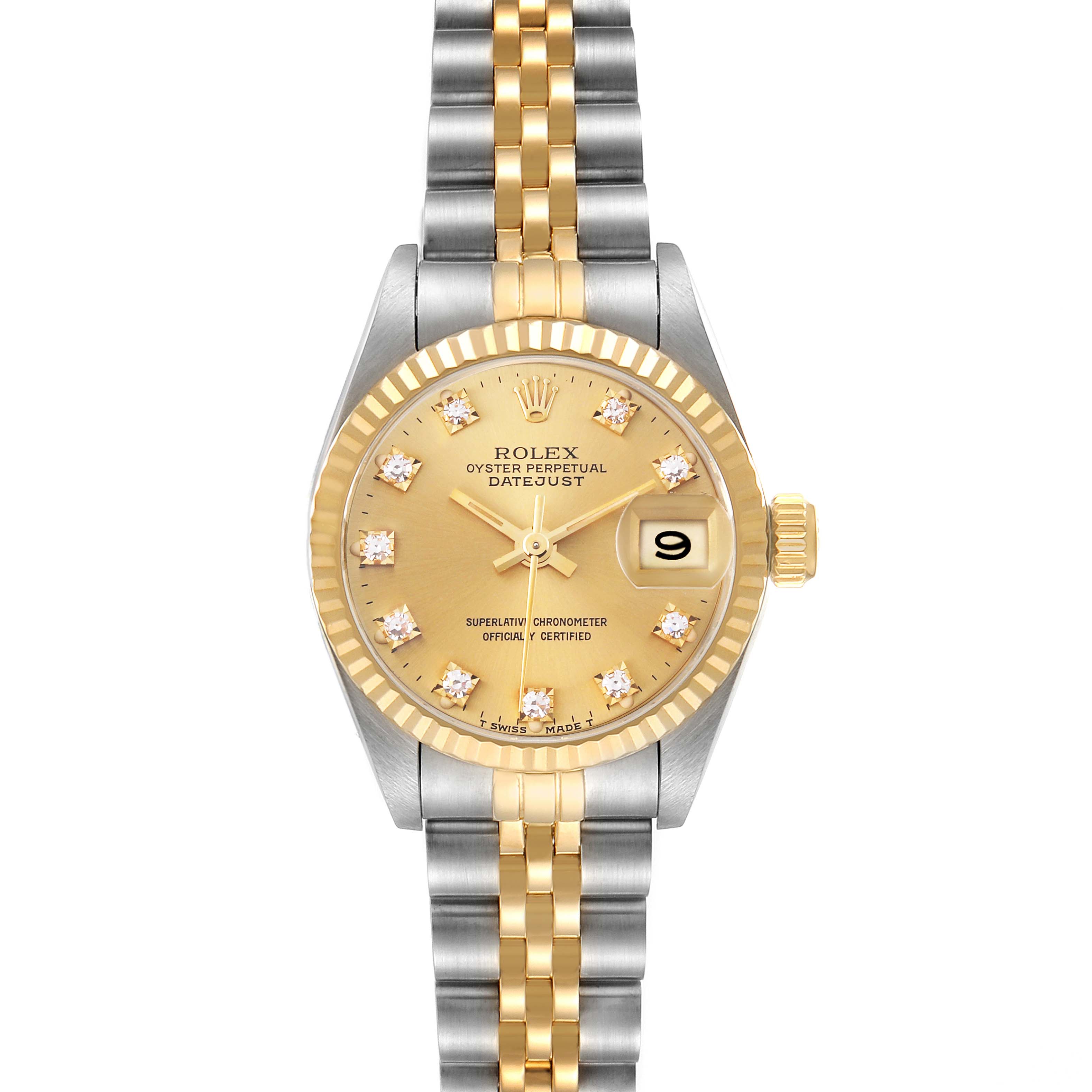 The Rolex Datejust 69173 Women's Steel and Gold (two tone) Champagne Dial 69173 Women's Steel and Gold (two tone) Champagne Dial watch is shown from the front, highlighting its bezel, dial, hands, date window, and bracelet.