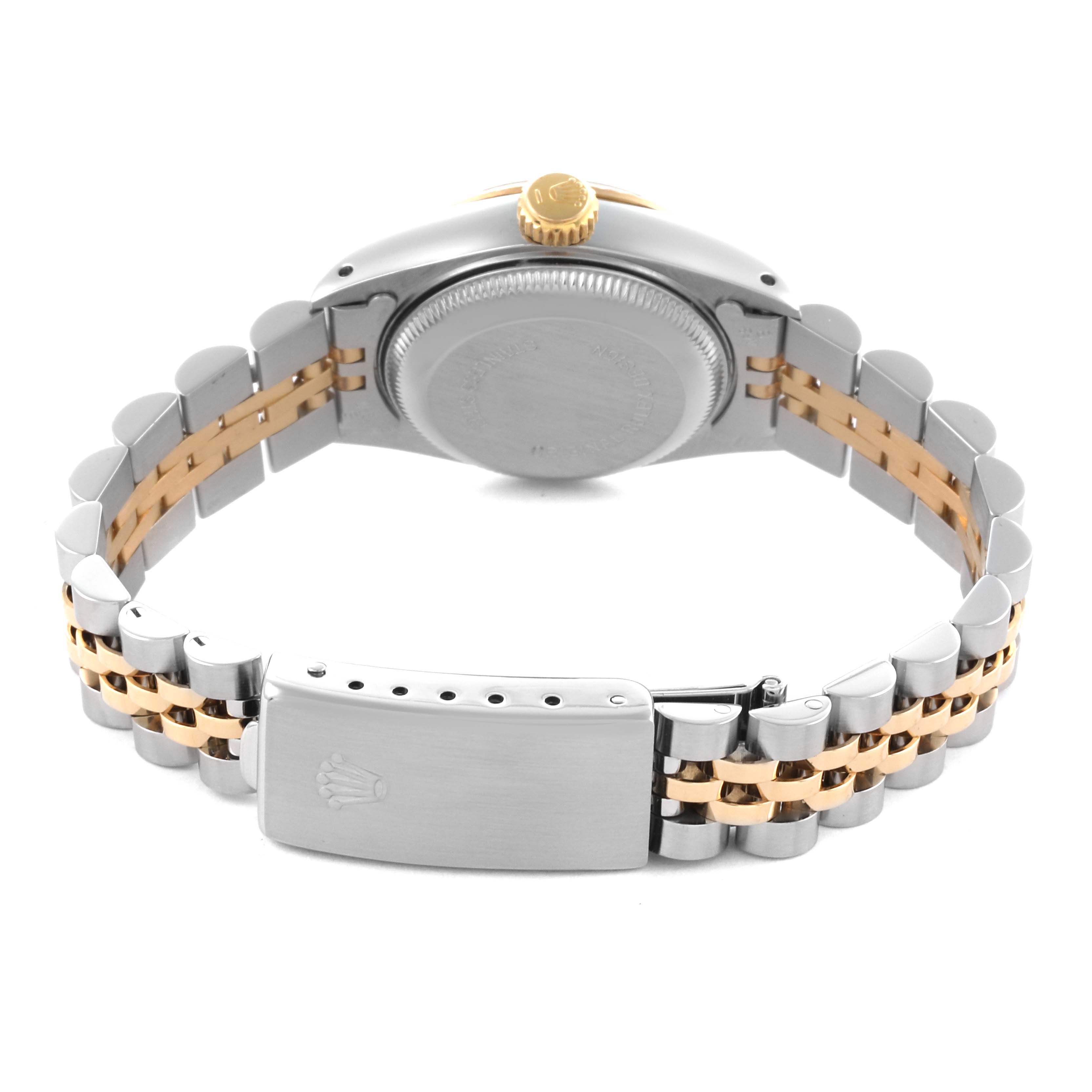 The Rolex Datejust 69173 Women's Steel and Gold (two tone) Champagne Dial 69173 Women's Steel and Gold (two tone) Champagne Dial watch is shown from the back angle, displaying the case back, crown, and two-tone bracelet with clasp.