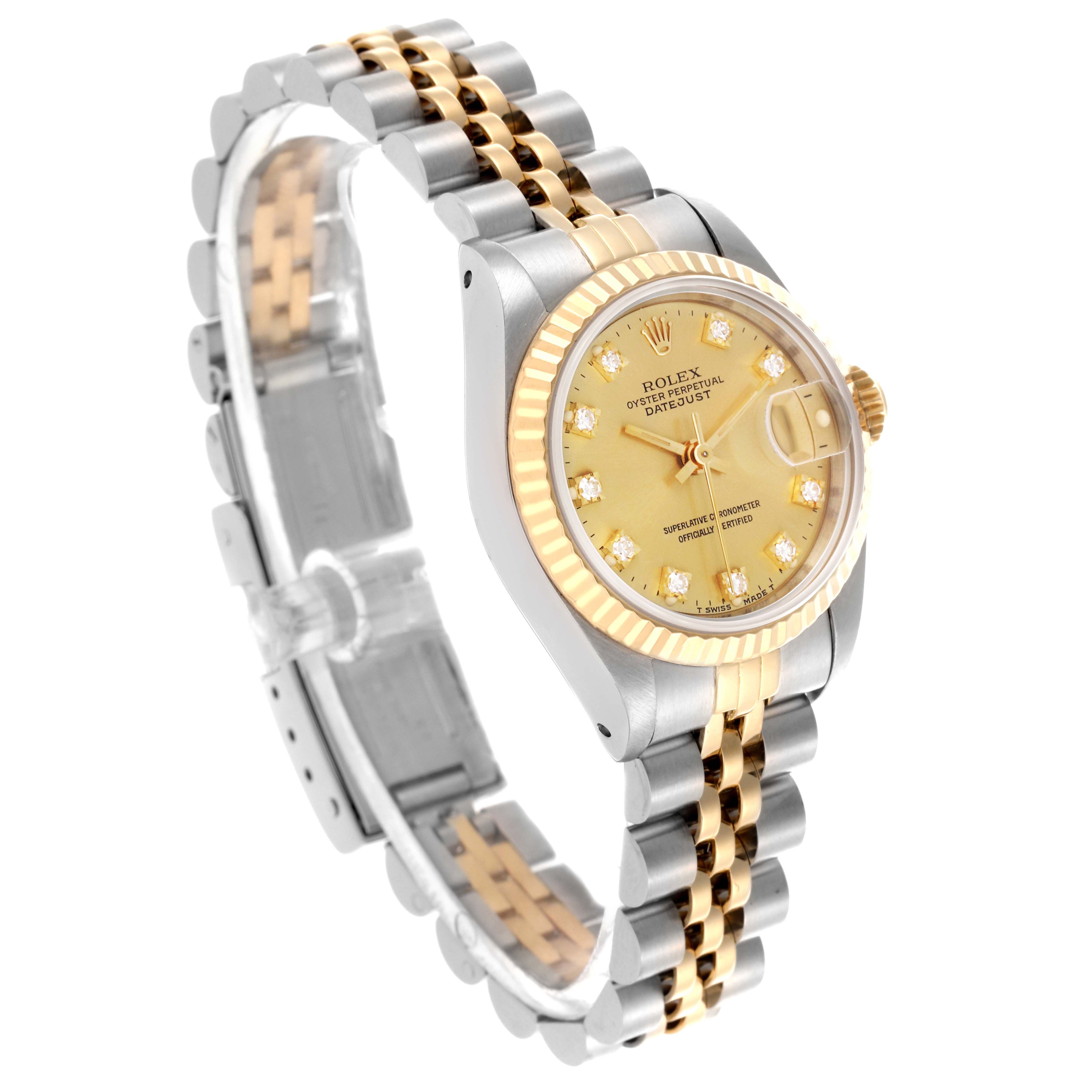 The Rolex Datejust 69173 Women's Steel and Gold (two tone) Champagne Dial 69173 Women's Steel and Gold (two tone) Champagne Dial watch is shown at a slight angle, highlighting the gold dial, fluted bezel, and two-tone jubilee bracelet.