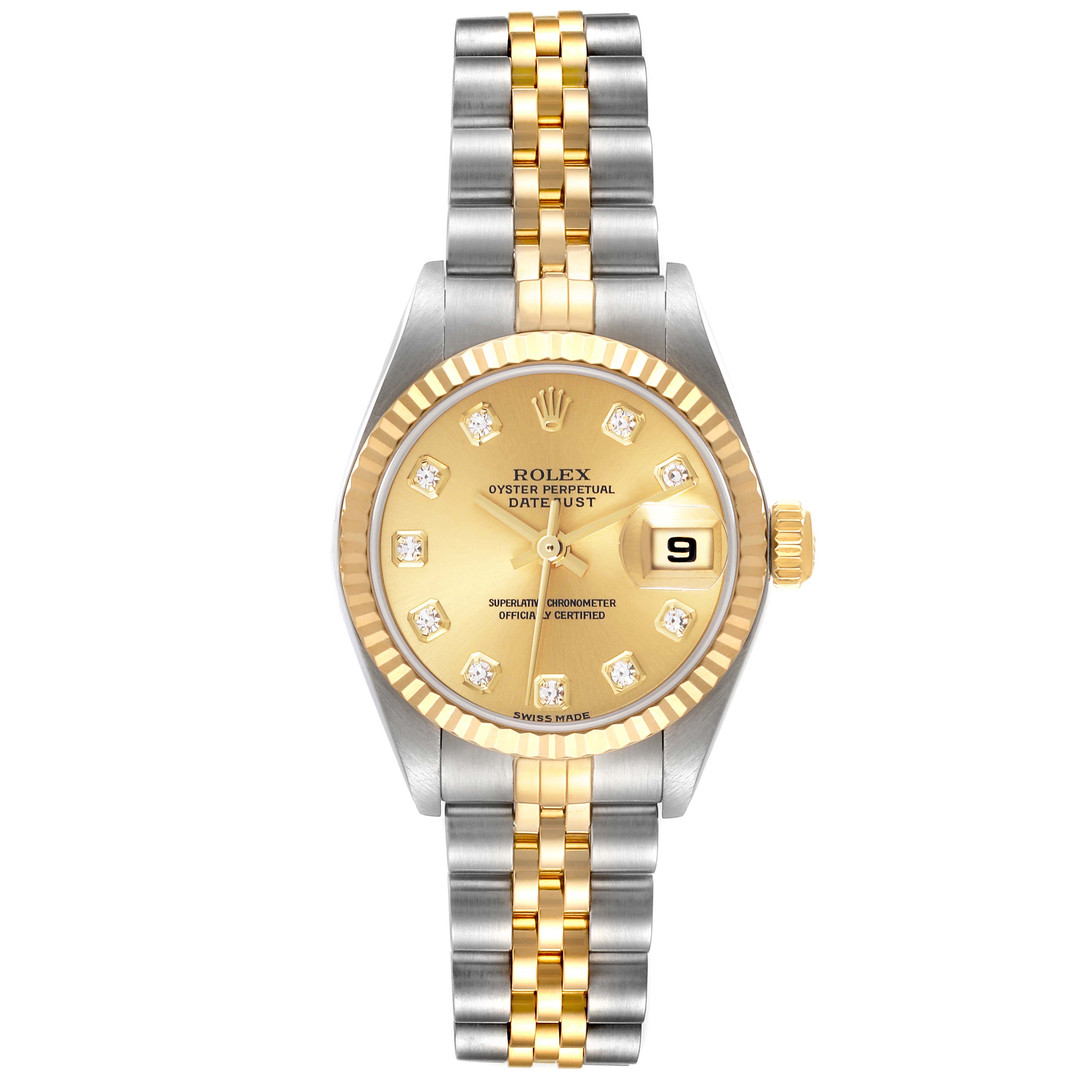The Rolex Datejust 79173 Women's Steel and Gold (two tone) Champagne Dial 79173 Women's Steel and Gold (two tone) Champagne Dial watch is shown from a front view, highlighting the dial, bezel, bracelet, and crown.