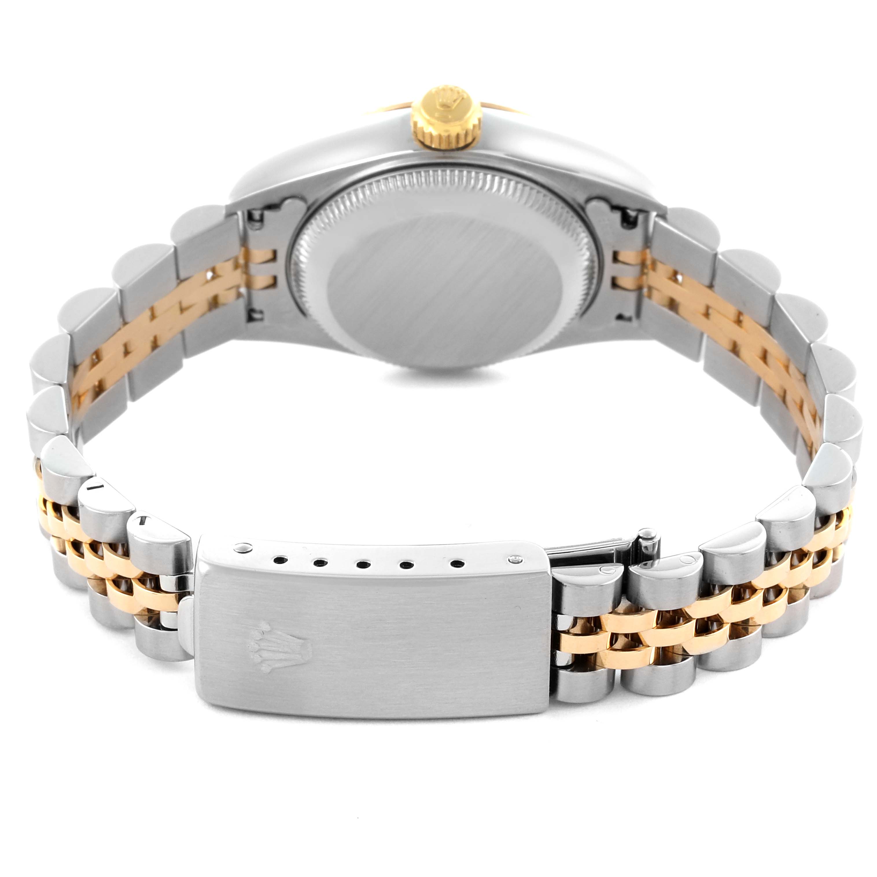 The image shows the back of the Rolex Datejust 79173 Women's Steel and Gold (two tone) Champagne Dial 79173 Women's Steel and Gold (two tone) Champagne Dial, focusing on the case, bracelet, and clasp at a rear angle.