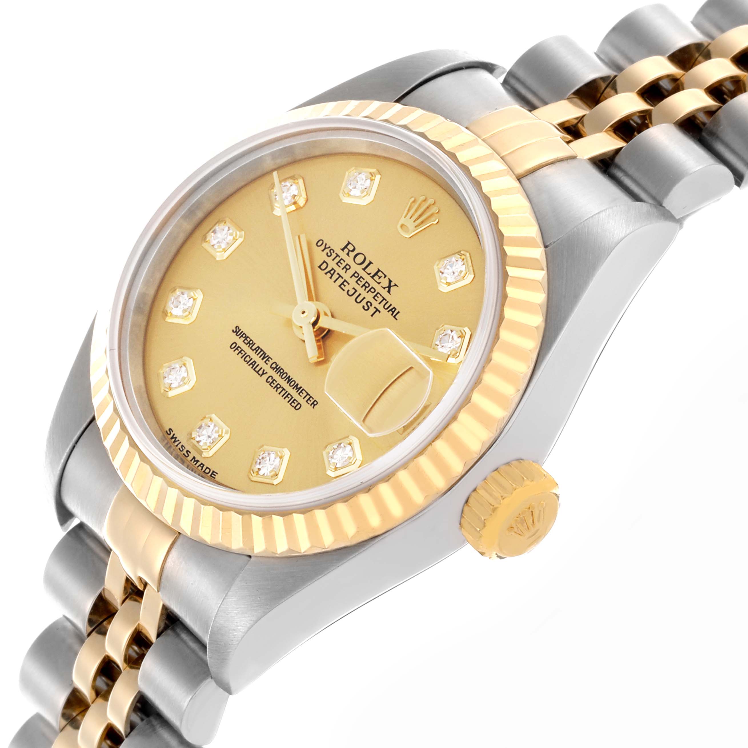 The image shows a Rolex Datejust 79173 Women's Steel and Gold (two tone) Champagne Dial 79173 Women's Steel and Gold (two tone) Champagne Dial watch at a three-quarter angle, highlighting the dial, crown, and Jubilee bracelet.