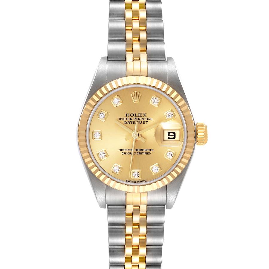 The Rolex Datejust watch is shown from a front angle, displaying the dial, bezel, and two-tone bracelet.