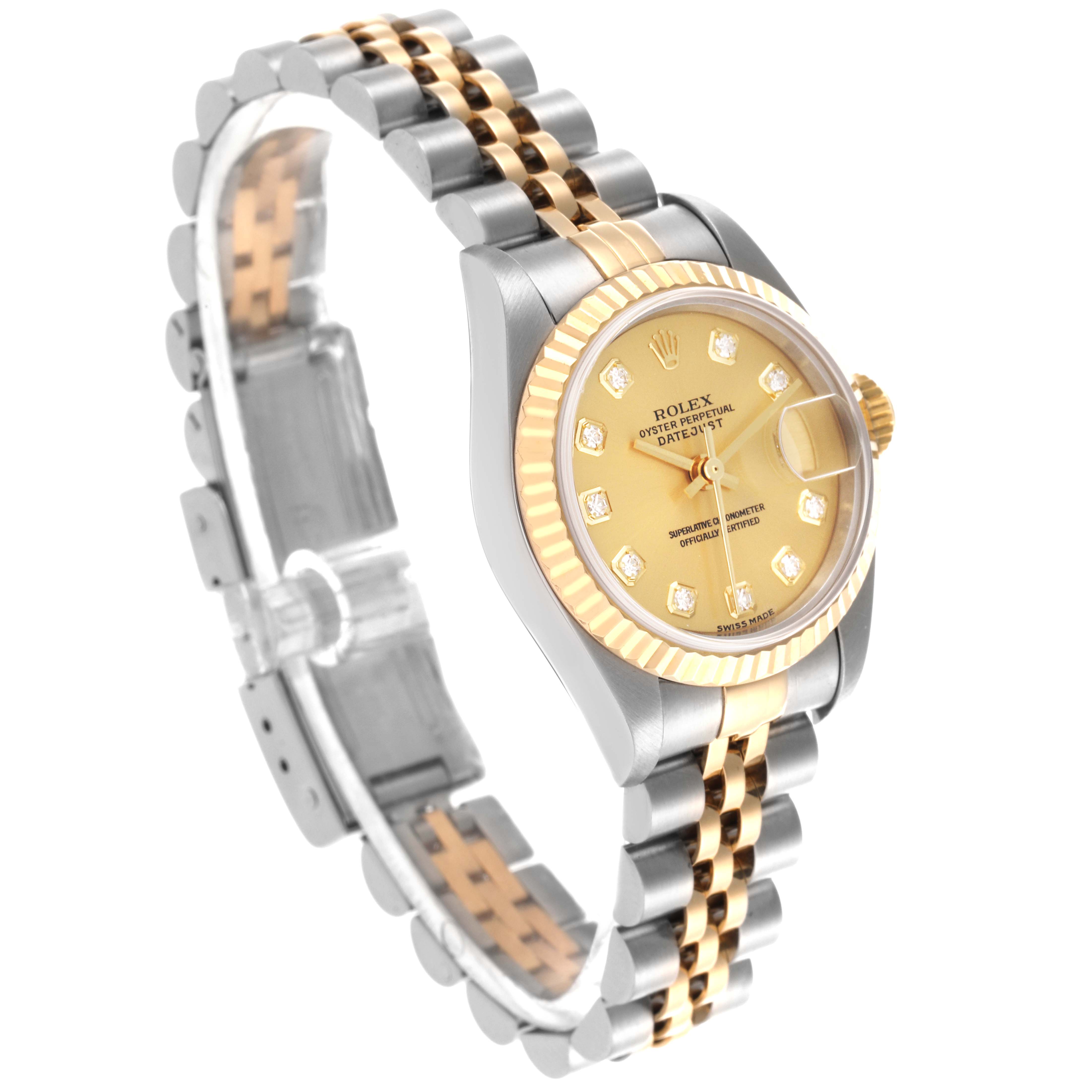 The image shows a Rolex Datejust 79173 Women's Steel and Gold (two tone) Champagne Dial 79173 Women's Steel and Gold (two tone) Champagne Dial watch at a three-quarter angle, highlighting its gold bezel, champagne dial, and two-tone bracelet.