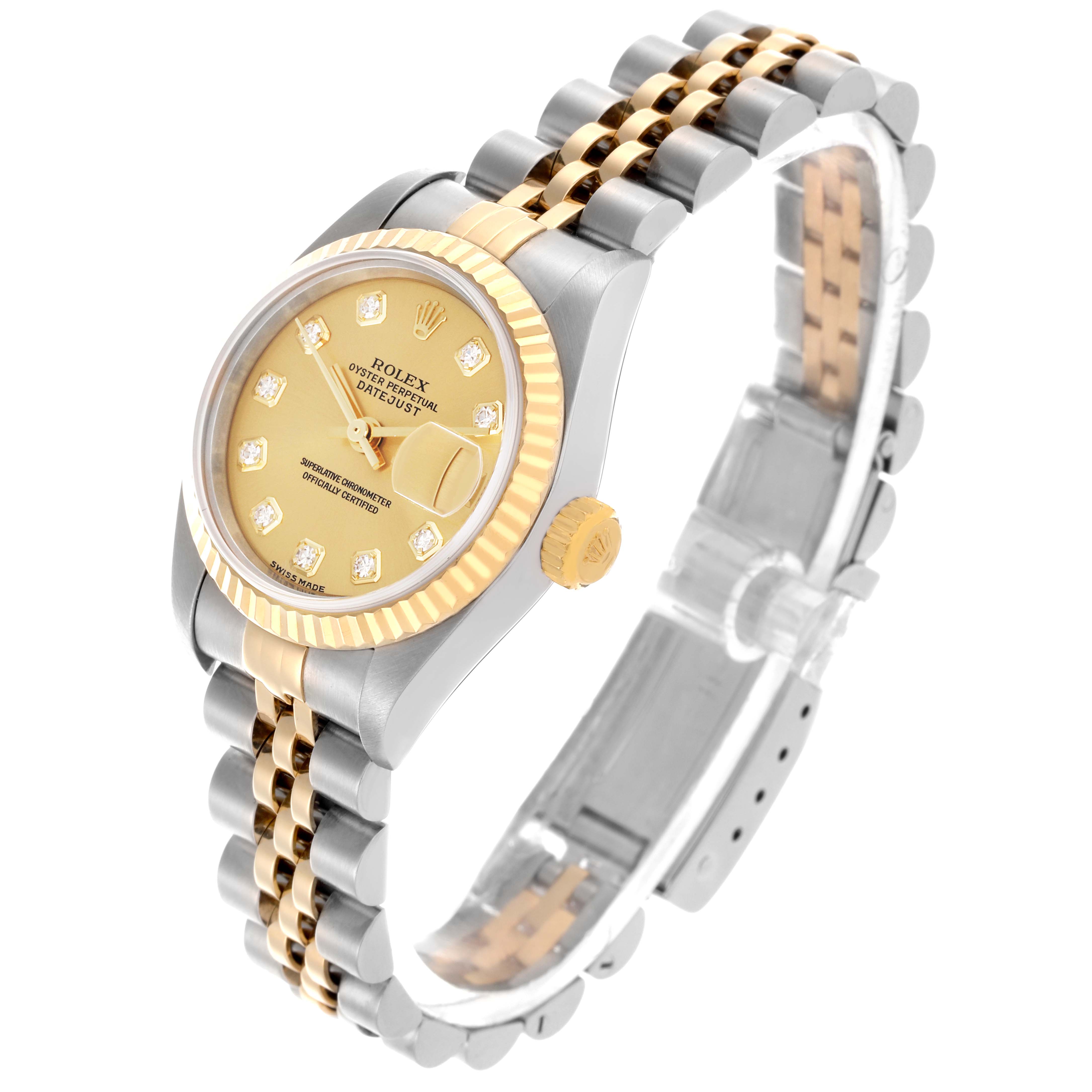 The Rolex Datejust 79173 Women's Steel and Gold (two tone) Champagne Dial 79173 Women's Steel and Gold (two tone) Champagne Dial watch is shown from a three-quarter angle, highlighting its gold and silver jubilee bracelet, fluted bezel, and face.