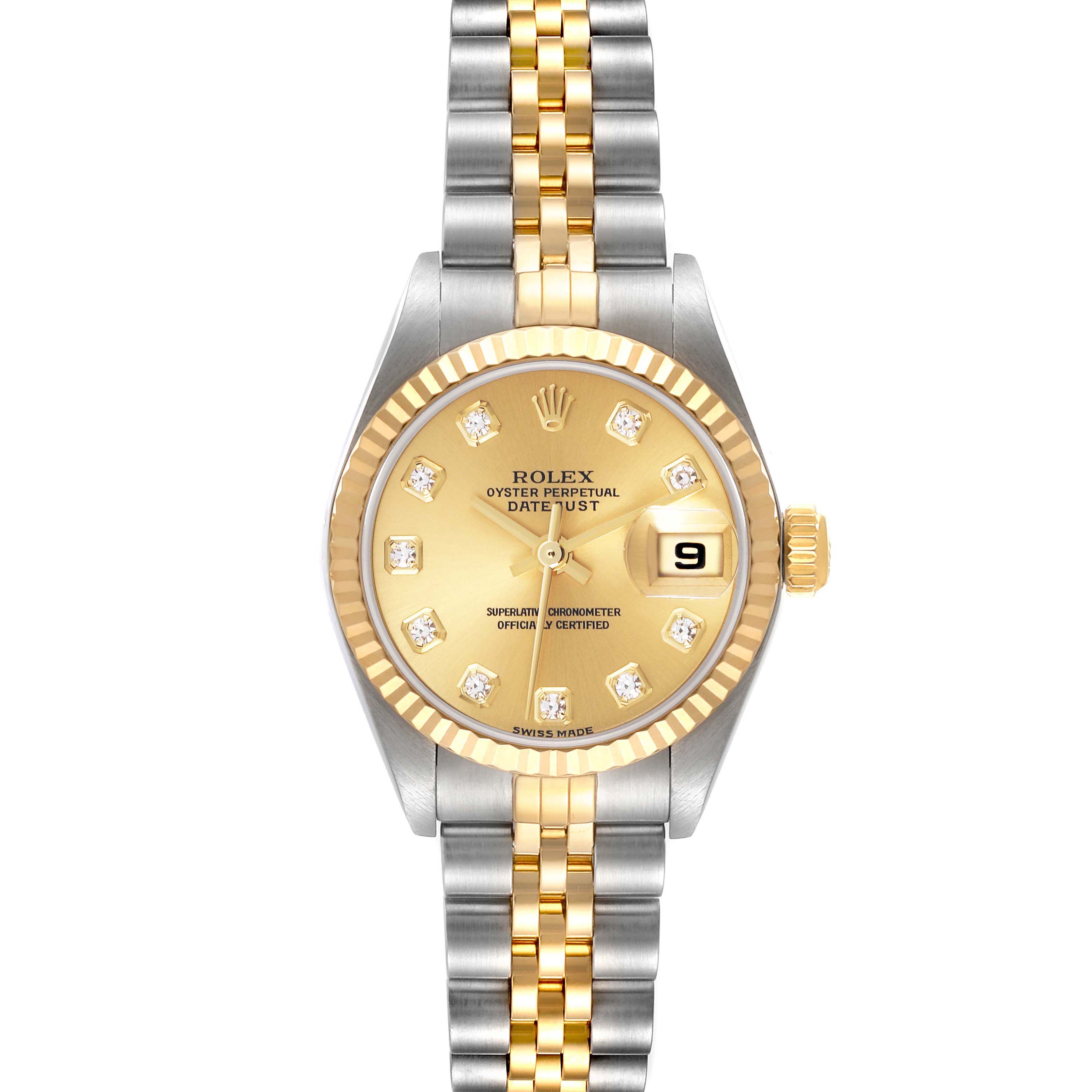 The Rolex Datejust 79173 Women's Steel and Gold (two tone) Champagne Dial 79173 Women's Steel and Gold (two tone) Champagne Dial watch is shown from a front angle, featuring its gold dial, diamond hour markers, fluted bezel, and two-tone bracelet.