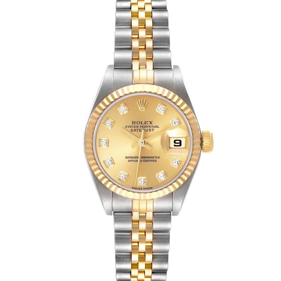 The Rolex Datejust watch is shown from a front angle, featuring its gold dial, diamond hour markers, fluted bezel, and two-tone bracelet.