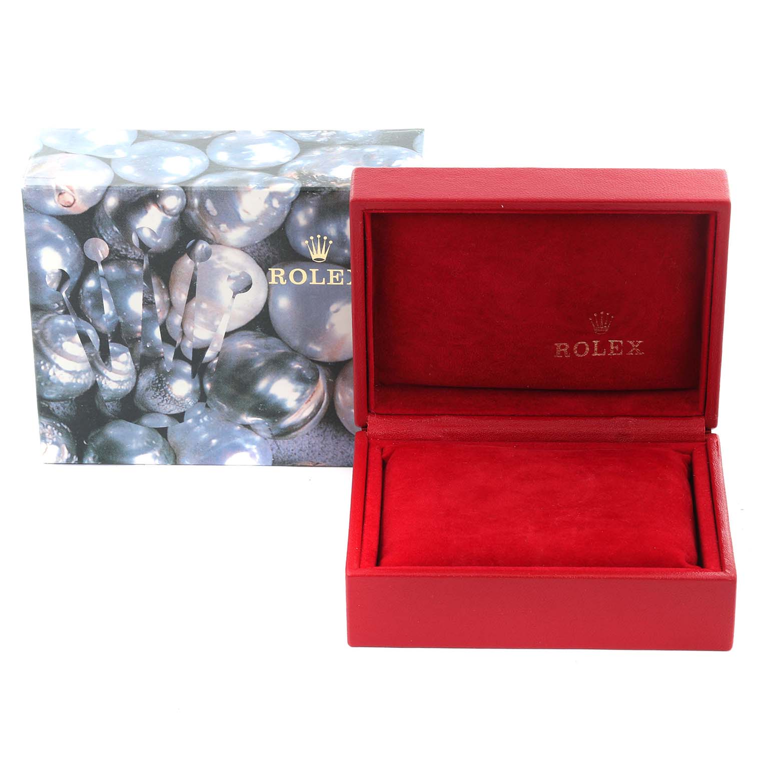 The image shows an open red Rolex watch box for a Datejust model with its outer packaging featuring a pearl design.
