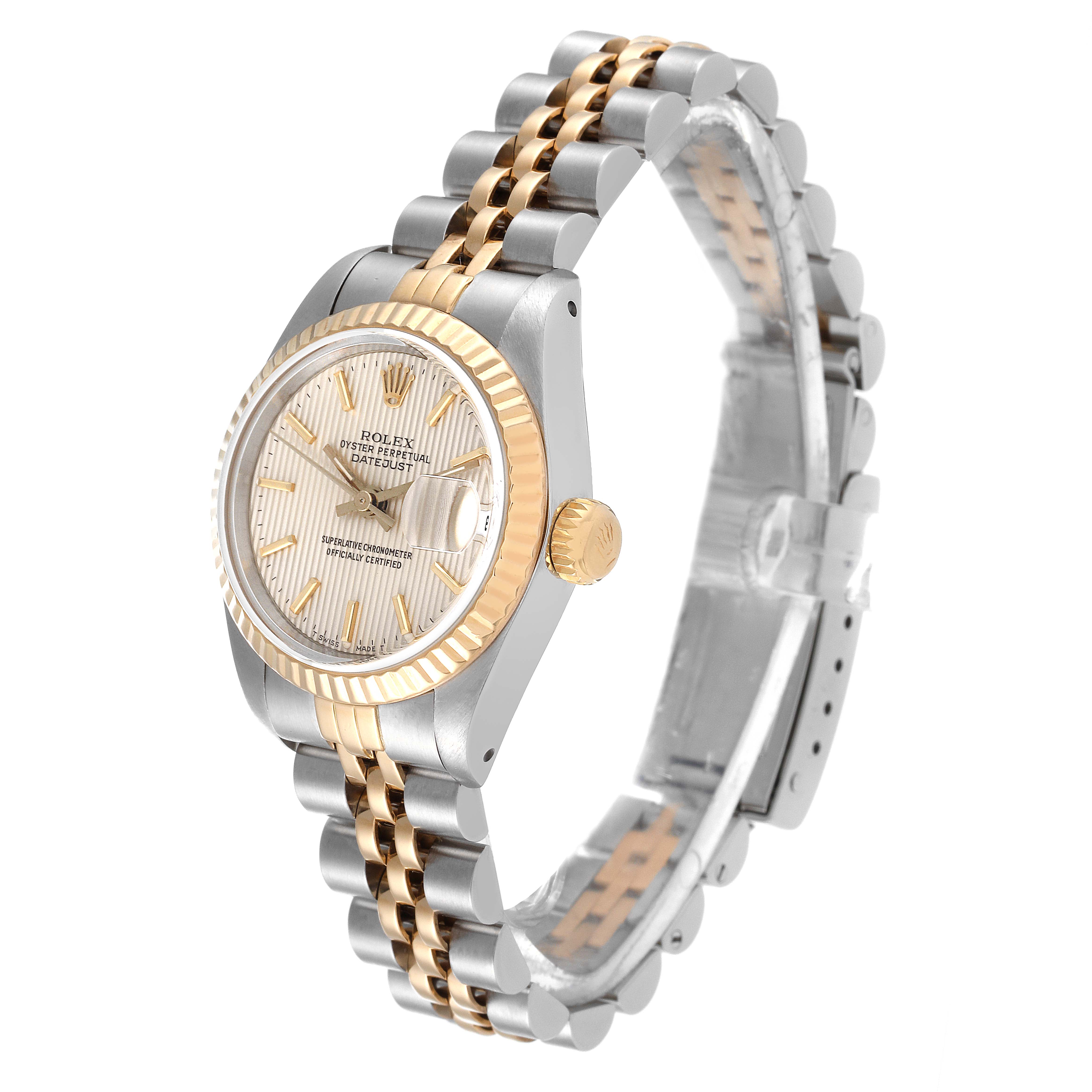 The image shows a Rolex Datejust 69173 Women's Steel and Gold (two tone) Silver Dial 69173 Women's Steel and Gold (two tone) Silver Dial watch from a three-quarter side angle, highlighting the dial, case, and two-tone bracelet.