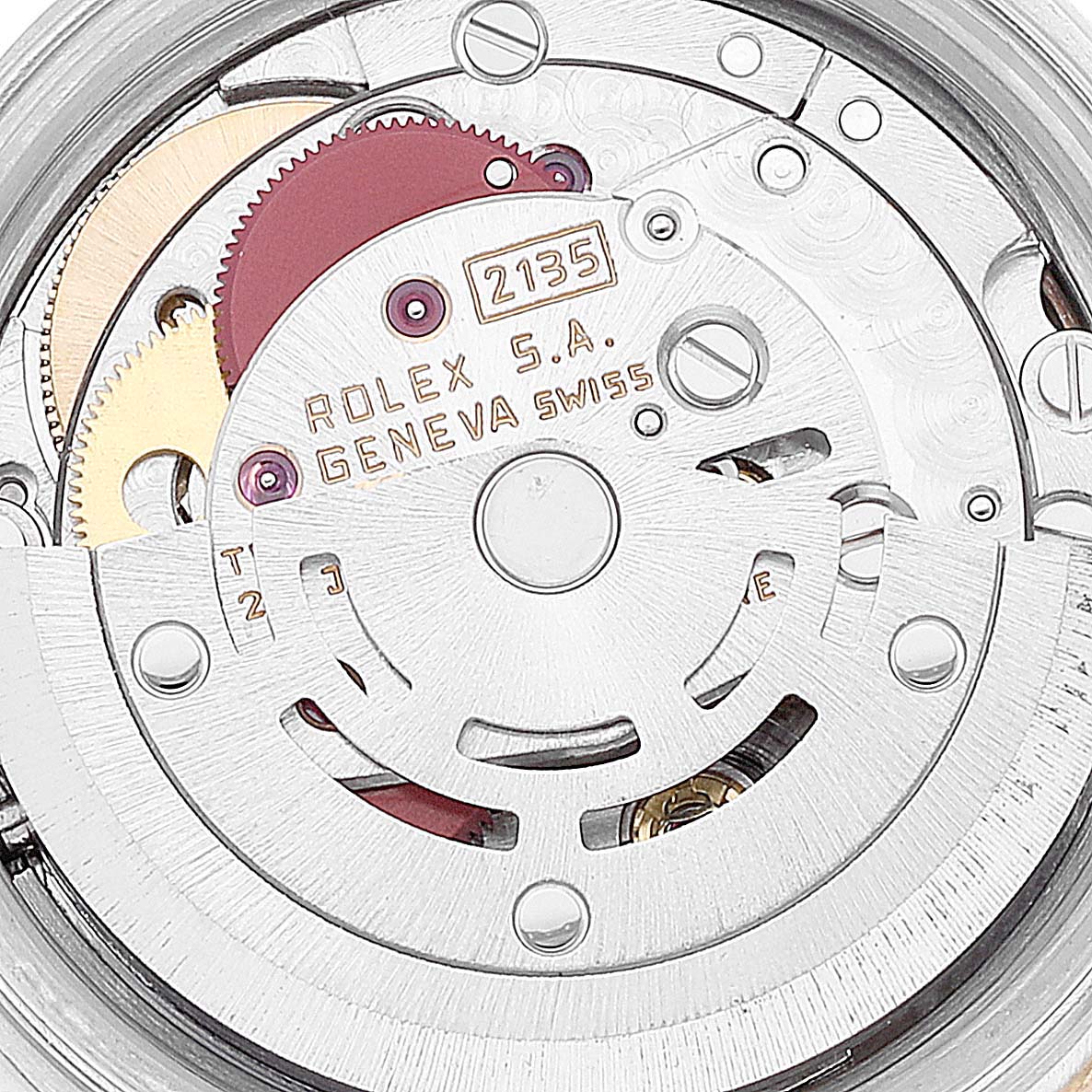 This image shows a close-up of the internal mechanism of the Rolex Datejust 69173 Women's Steel and Gold (two tone) Silver Dial 69173 Women's Steel and Gold (two tone) Silver Dial watch model, focusing on the movement components.