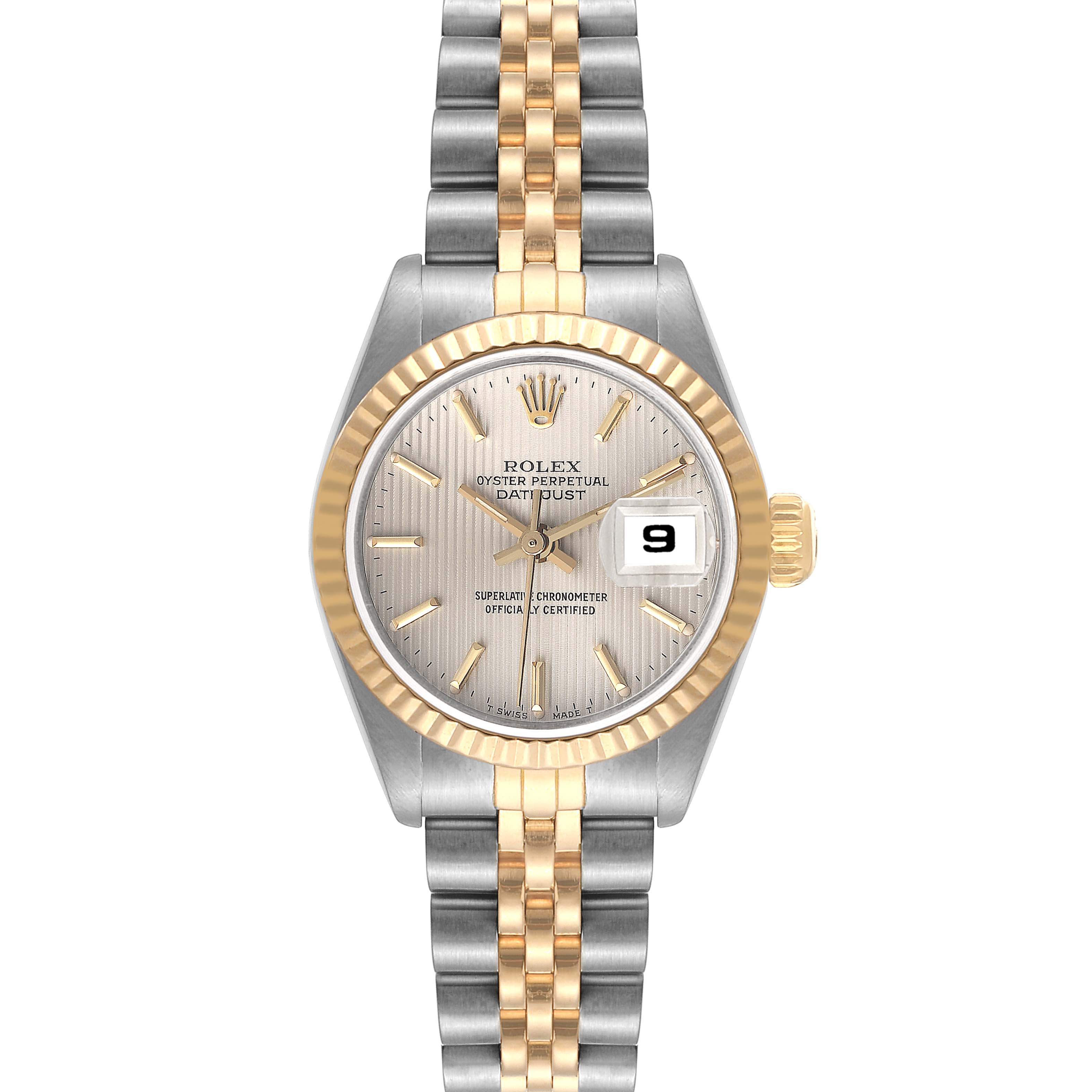 The image shows a front view of a Rolex Datejust 69173 Women's Steel and Gold (two tone) Silver Dial 69173 Women's Steel and Gold (two tone) Silver Dial watch, displaying the face, bezel, and part of the bracelet.