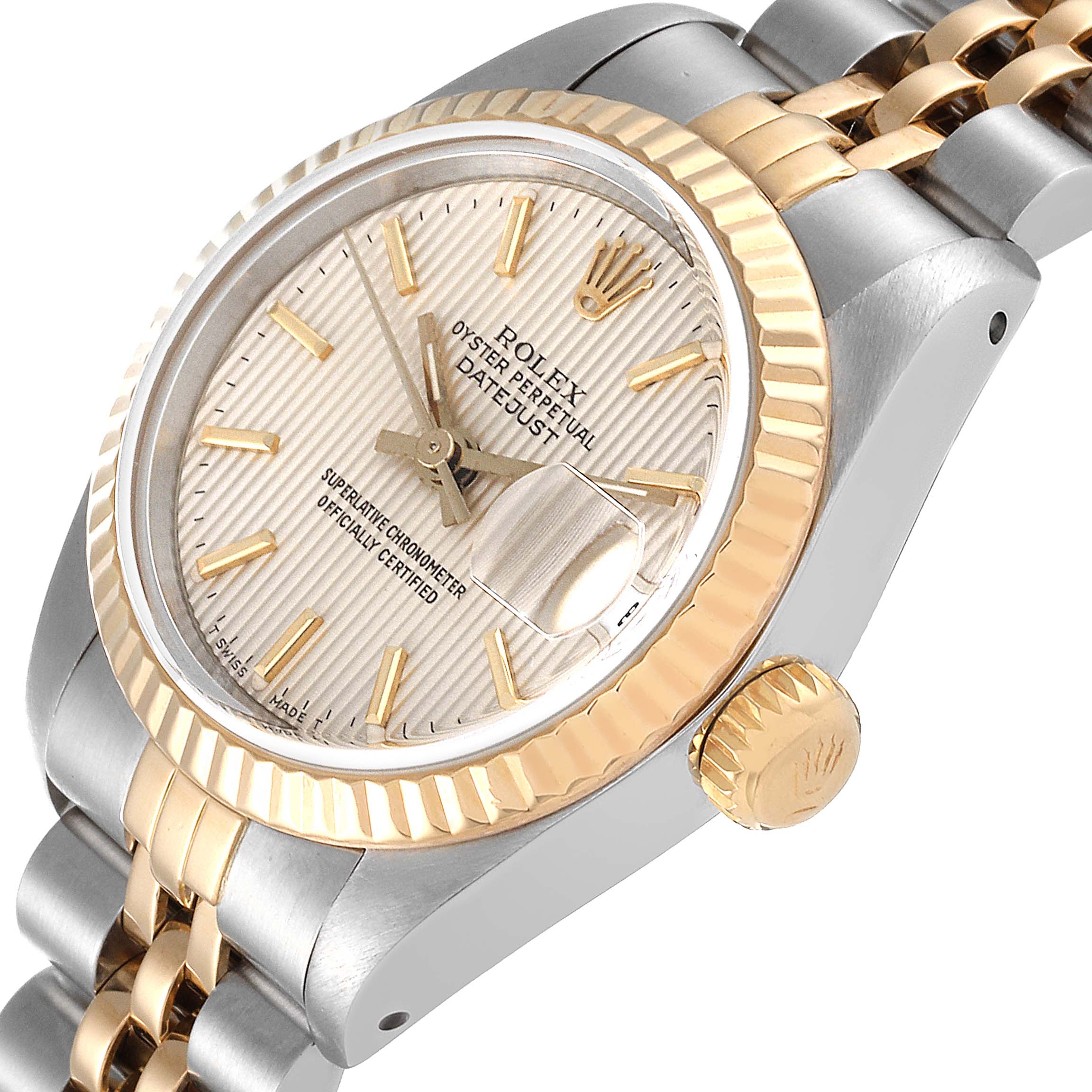 The image shows a close-up angle of a Rolex Datejust 69173 Women's Steel and Gold (two tone) Silver Dial 69173 Women's Steel and Gold (two tone) Silver Dial watch, highlighting the dial, crown, bezel, and part of the bracelet.