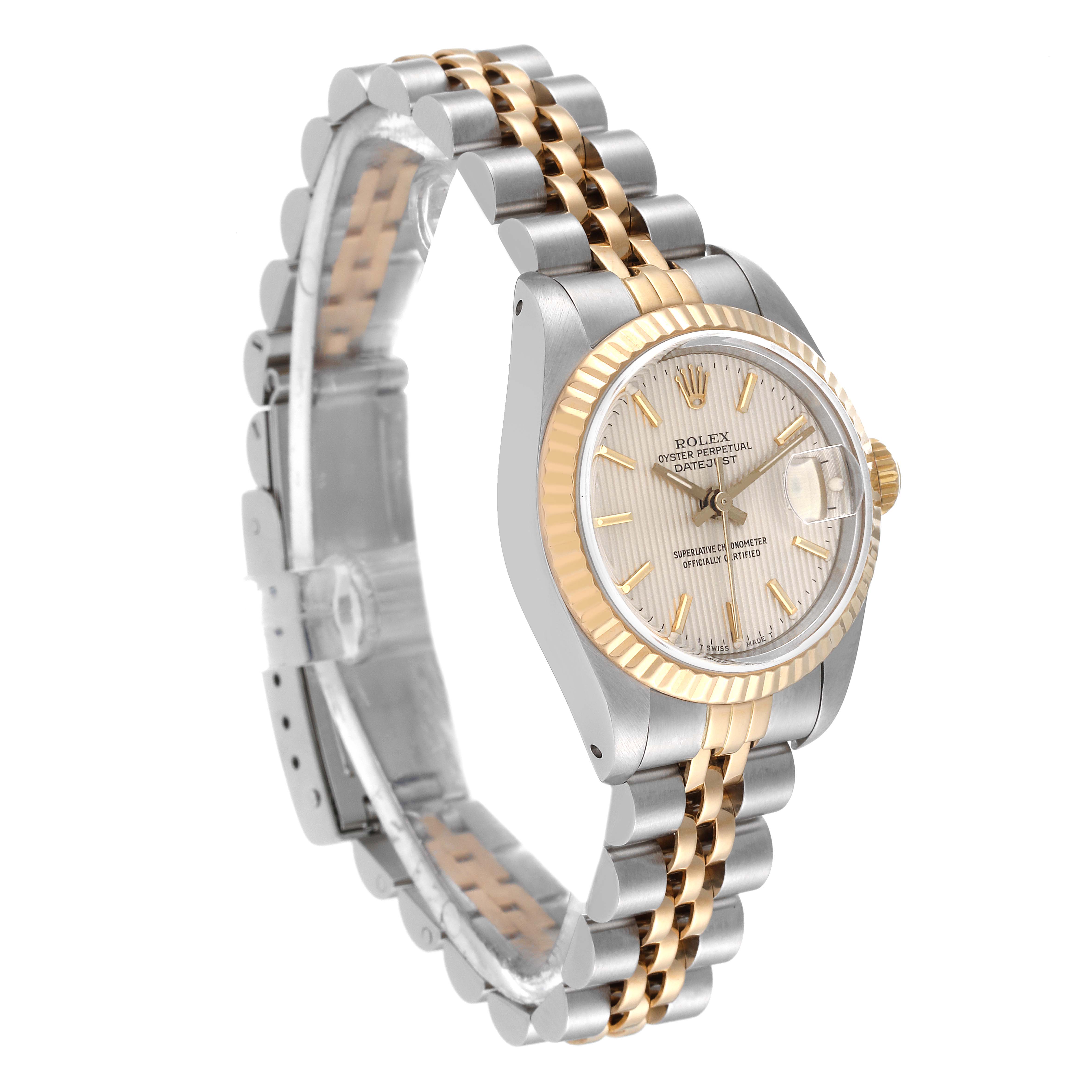 The image shows a Rolex Datejust 69173 Women's Steel and Gold (two tone) Silver Dial 69173 Women's Steel and Gold (two tone) Silver Dial watch from a three-quarter side view, highlighting its two-tone bracelet and fluted bezel.