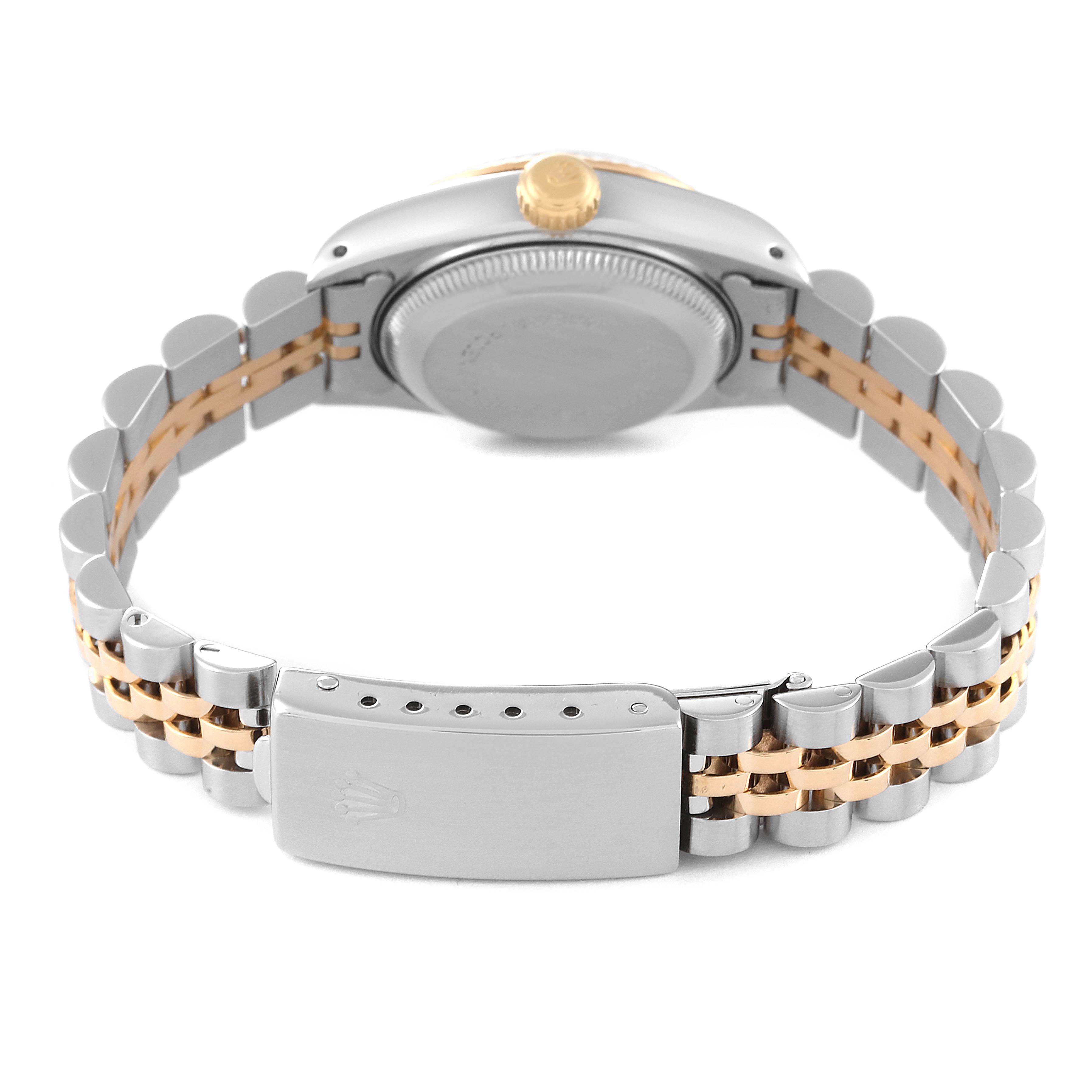 The image shows the back view of a Rolex Datejust 69173 Women's Steel and Gold (two tone) Silver Dial 69173 Women's Steel and Gold (two tone) Silver Dial watch featuring a two-tone bracelet and the clasp.