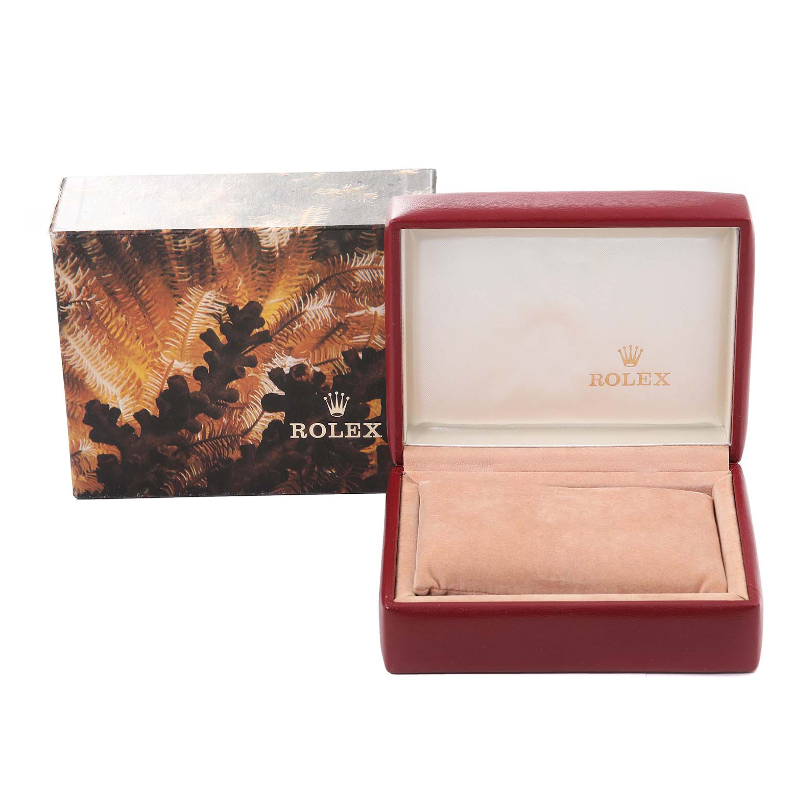 The image shows the open box and outer packaging for a Rolex Datejust 69173 Women's Steel and Gold (two tone) Silver Dial 69173 Women's Steel and Gold (two tone) Silver Dial watch, with the logo on the inside and outside.