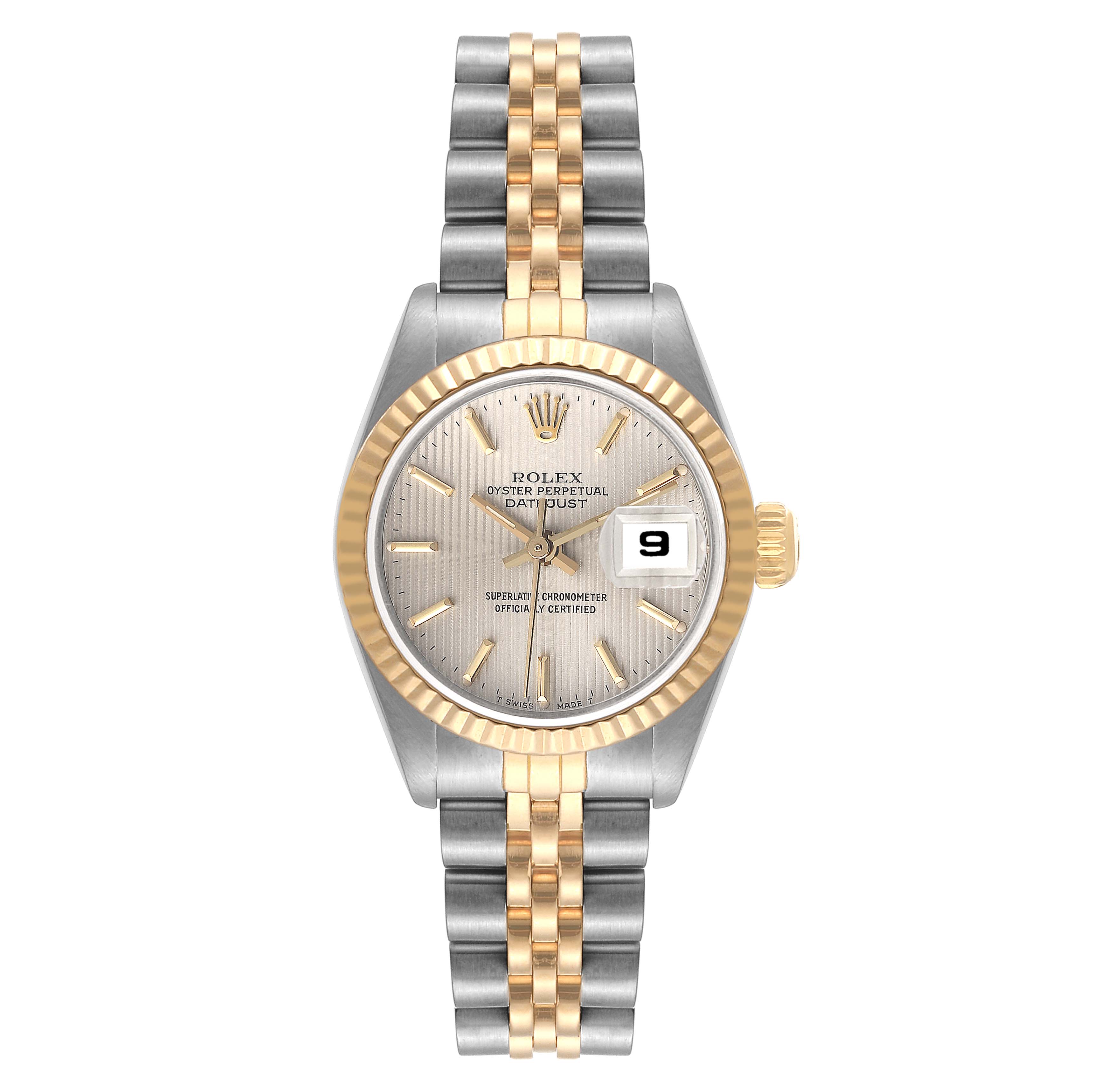 The image shows a front view of a Rolex Datejust 69173 Women's Steel and Gold (two tone) Silver Dial 69173 Women's Steel and Gold (two tone) Silver Dial watch, displaying the dial, bezel, crown, and bracelet.