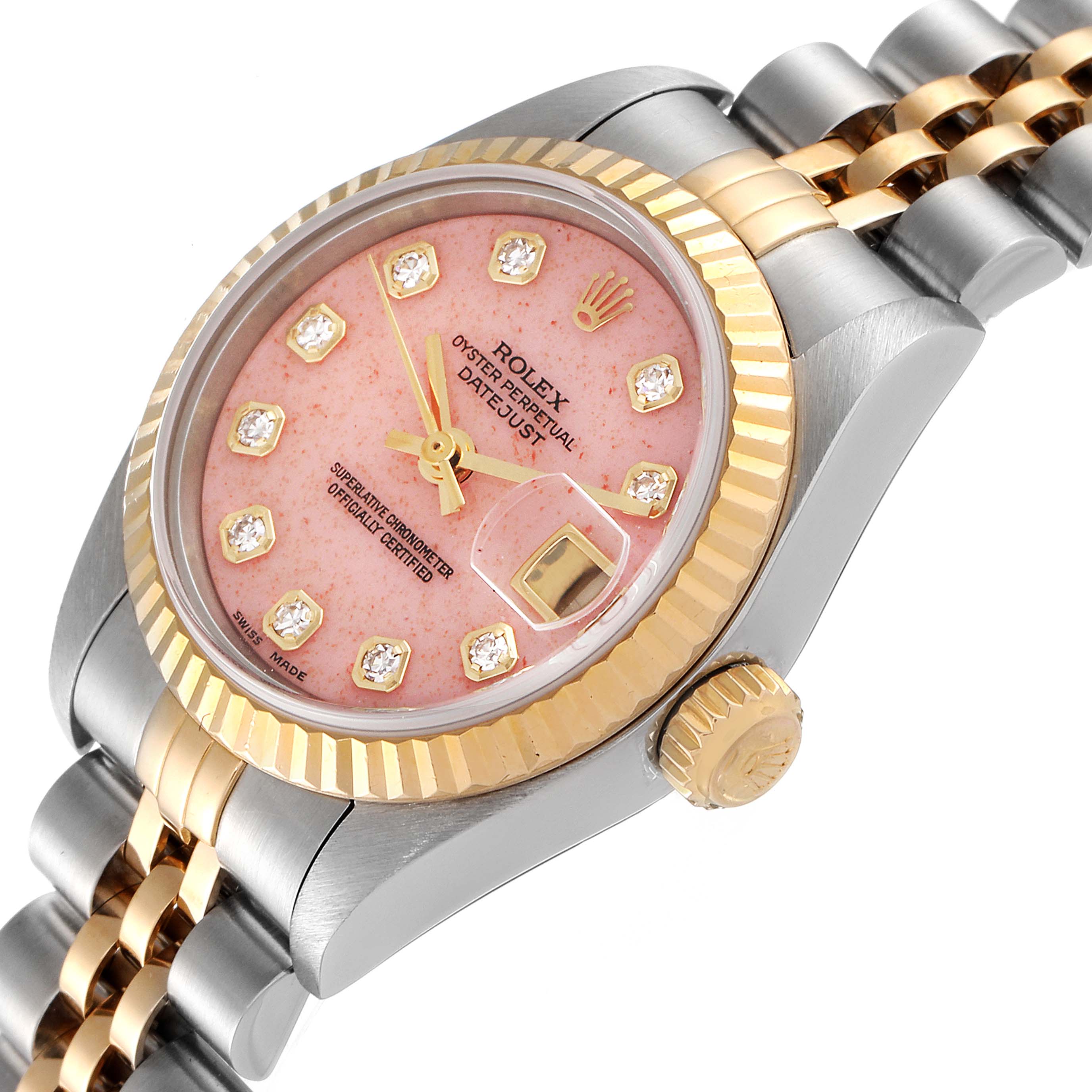 This Rolex Datejust 79173 Women's Steel and Gold (two tone) Pink Dial 79173 Women's Steel and Gold (two tone) Pink Dial watch is shown at a slight diagonal angle, highlighting its pink dial, diamond hour markers, fluted bezel, and Jubilee bracelet.