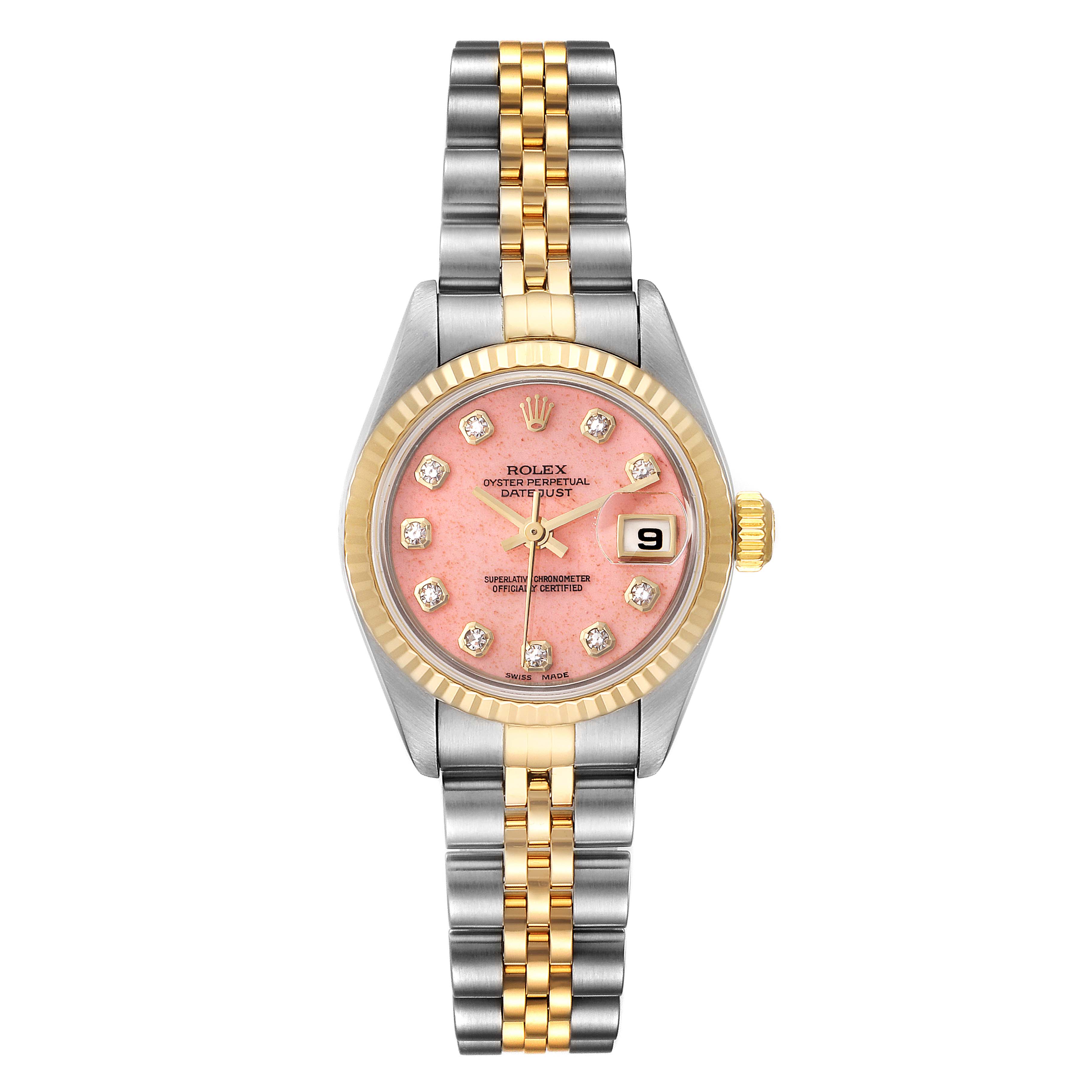 The Rolex Datejust 79173 Women's Steel and Gold (two tone) Pink Dial 79173 Women's Steel and Gold (two tone) Pink Dial watch is shown from a top-down angle, highlighting its face, bezel, crown, and two-tone bracelet.