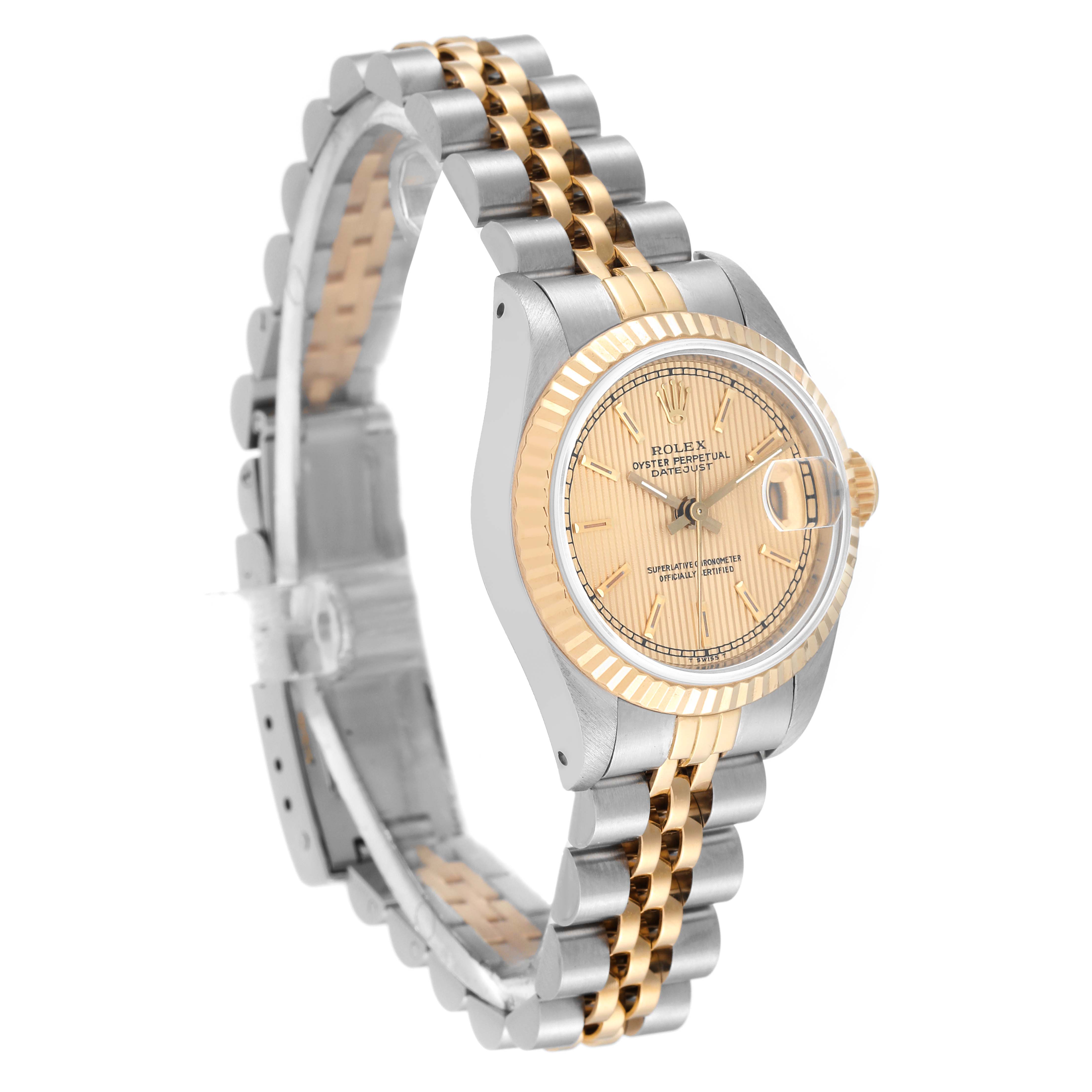The Rolex Datejust 69173 Women's Steel and Gold (two tone) Champagne Dial 69173 Women's Steel and Gold (two tone) Champagne Dial watch is shown at a slight angle, highlighting the two-tone bracelet, bezel, and face.