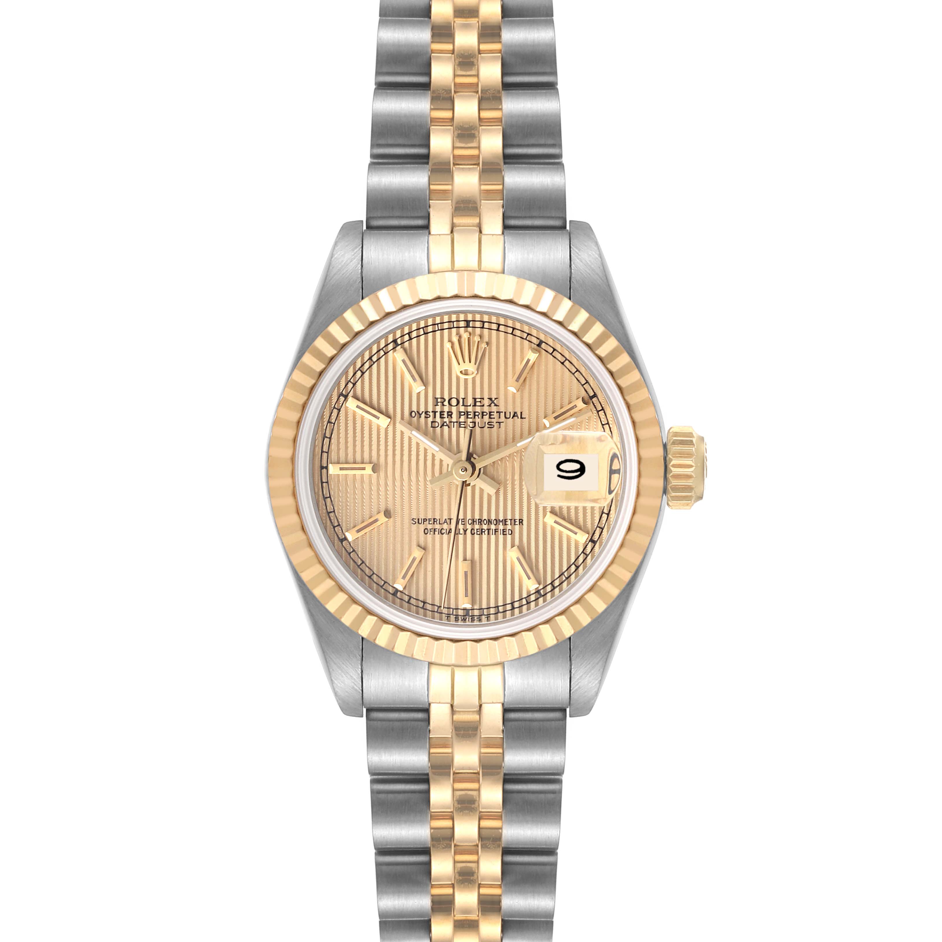 This image shows a frontal view of a Rolex Datejust 69173 Women's Steel and Gold (two tone) Champagne Dial 69173 Women's Steel and Gold (two tone) Champagne Dial watch, displaying the dial, fluted bezel, and two-tone bracelet.
