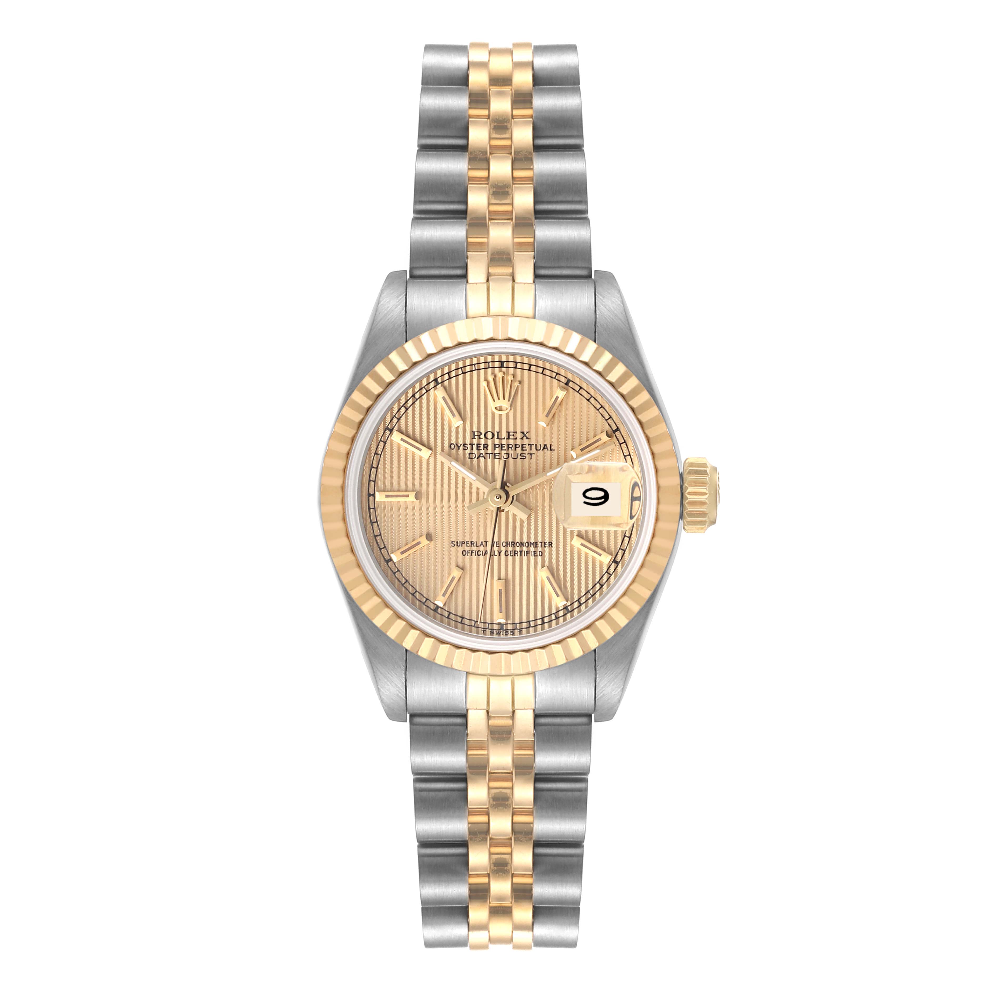 This image shows a front view of a Rolex Datejust 69173 Women's Steel and Gold (two tone) Champagne Dial 69173 Women's Steel and Gold (two tone) Champagne Dial watch, featuring a two-tone bracelet and a gold dial with a date window.