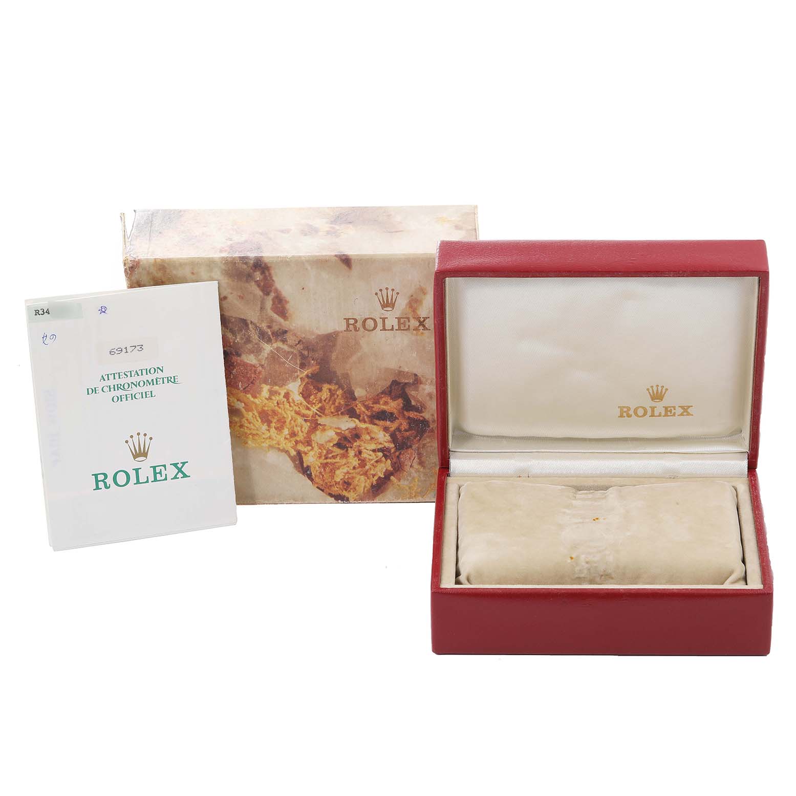 The image shows the packaging, box, and official papers for a Rolex Datejust 69173 Women's Steel and Gold (two tone) Champagne Dial 69173 Women's Steel and Gold (two tone) Champagne Dial model watch.