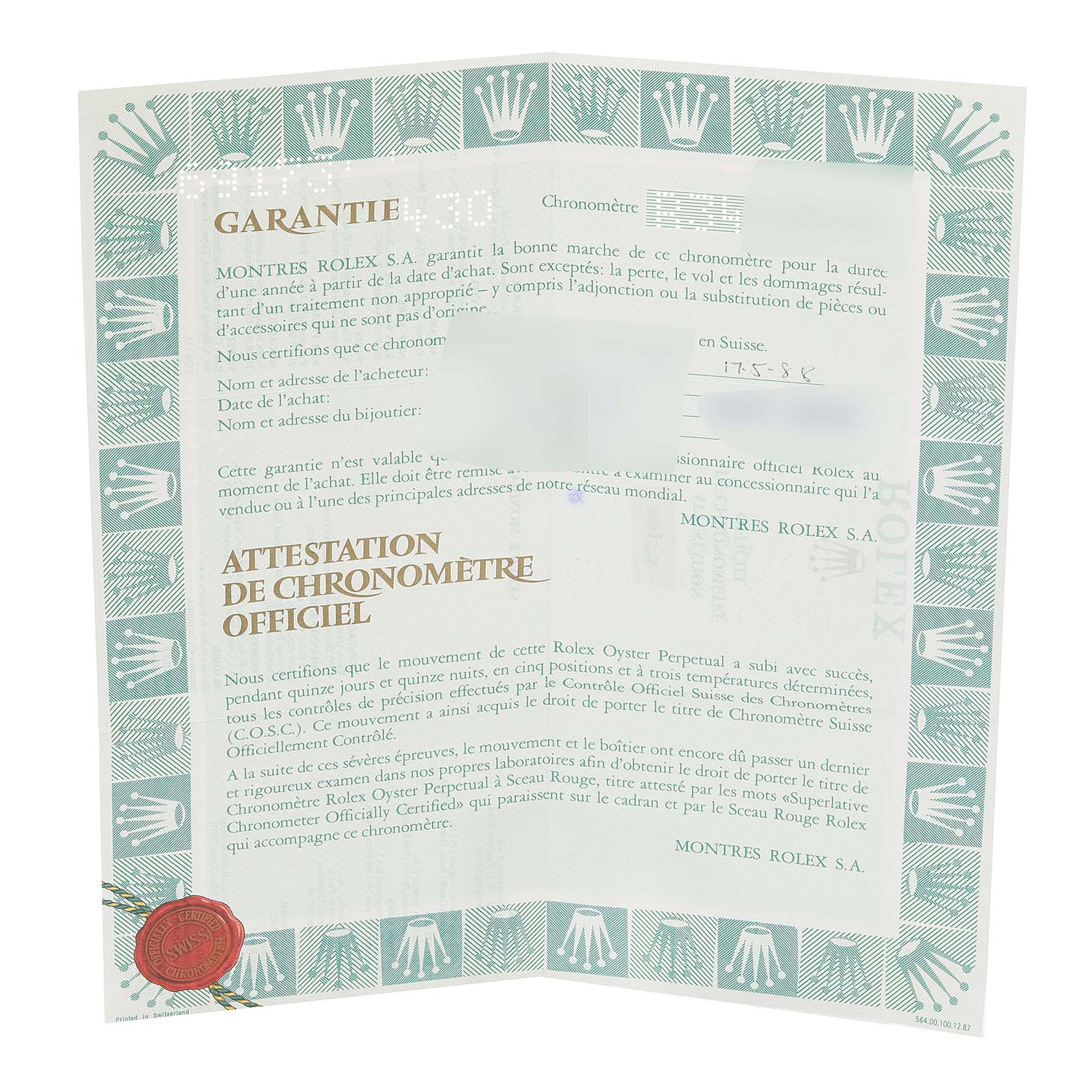 The image shows a folded warranty and certification document for a Rolex Datejust 69173 Women's Steel and Gold (two tone) Champagne Dial 69173 Women's Steel and Gold (two tone) Champagne Dial watch.