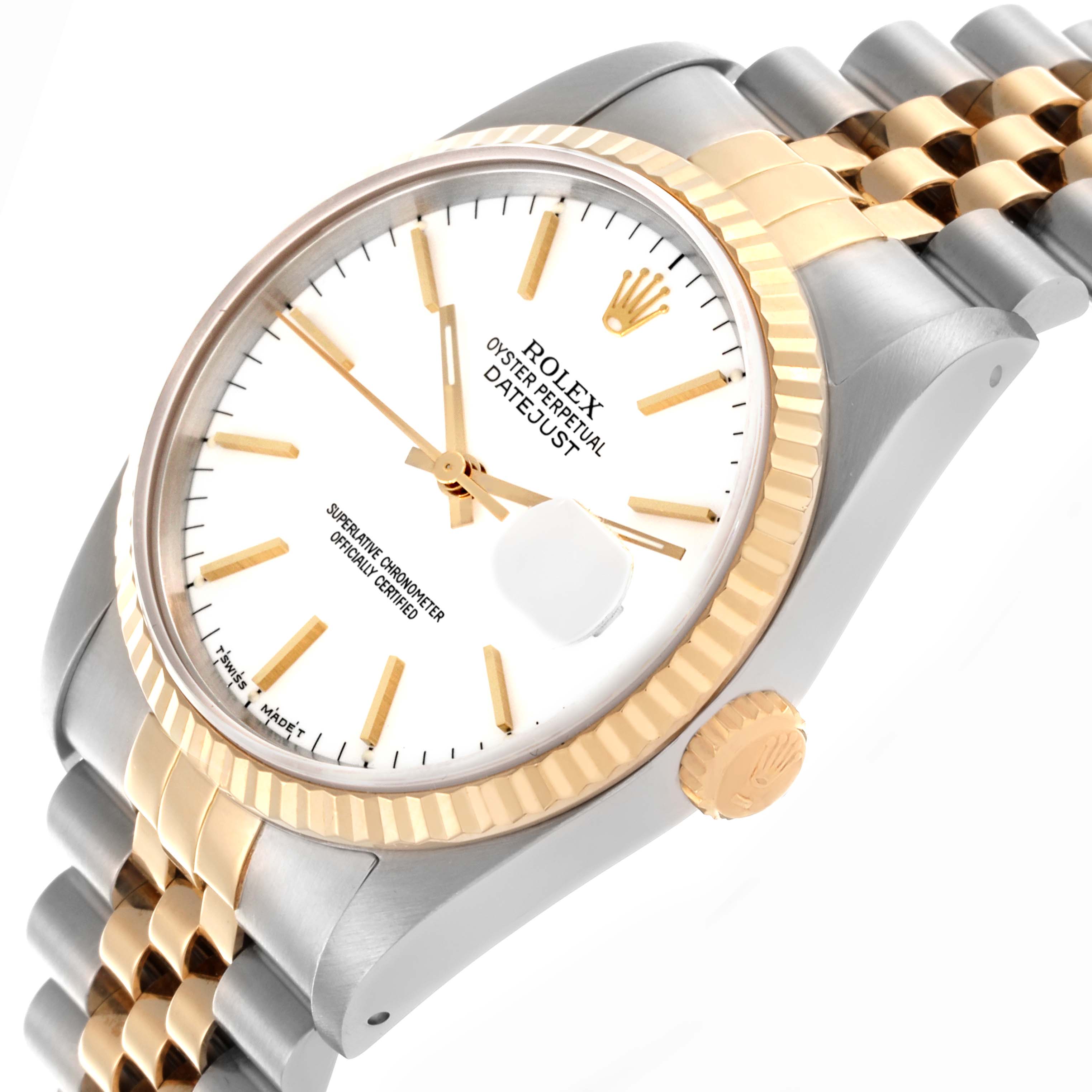 The Rolex Datejust 16233 Men's Steel and Gold (two tone) White Dial 16233 Men's Steel and Gold (two tone) White Dial watch is shown at a slight angle, displaying the face, fluted bezel, crown, and part of the bracelet.