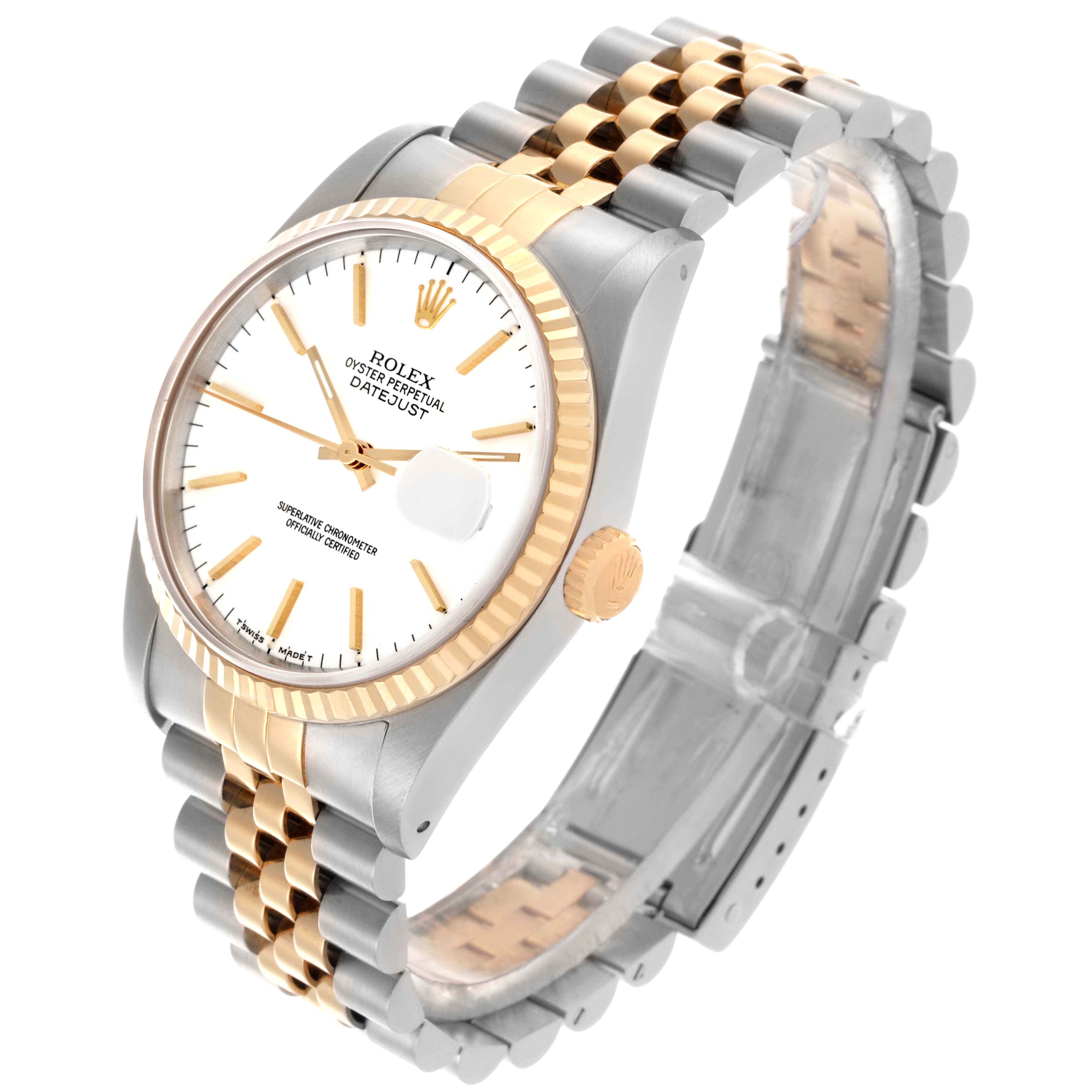 This image shows a Rolex Datejust 16233 Men's Steel and Gold (two tone) White Dial 16233 Men's Steel and Gold (two tone) White Dial watch at a three-quarter angle, highlighting its face, bezel, crown, and Jubilee bracelet.