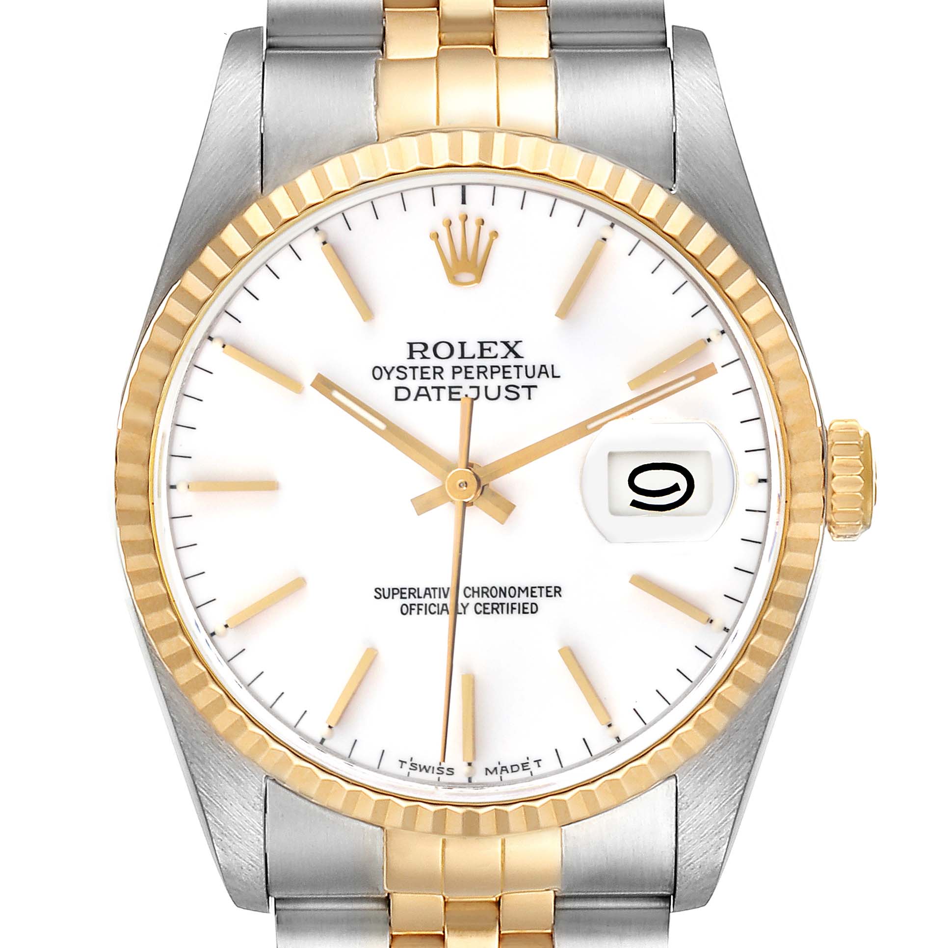 The Rolex Datejust 16233 Men's Steel and Gold (two tone) White Dial 16233 Men's Steel and Gold (two tone) White Dial watch is shown from the front, highlighting the dial, bezel, bracelet, and crown.
