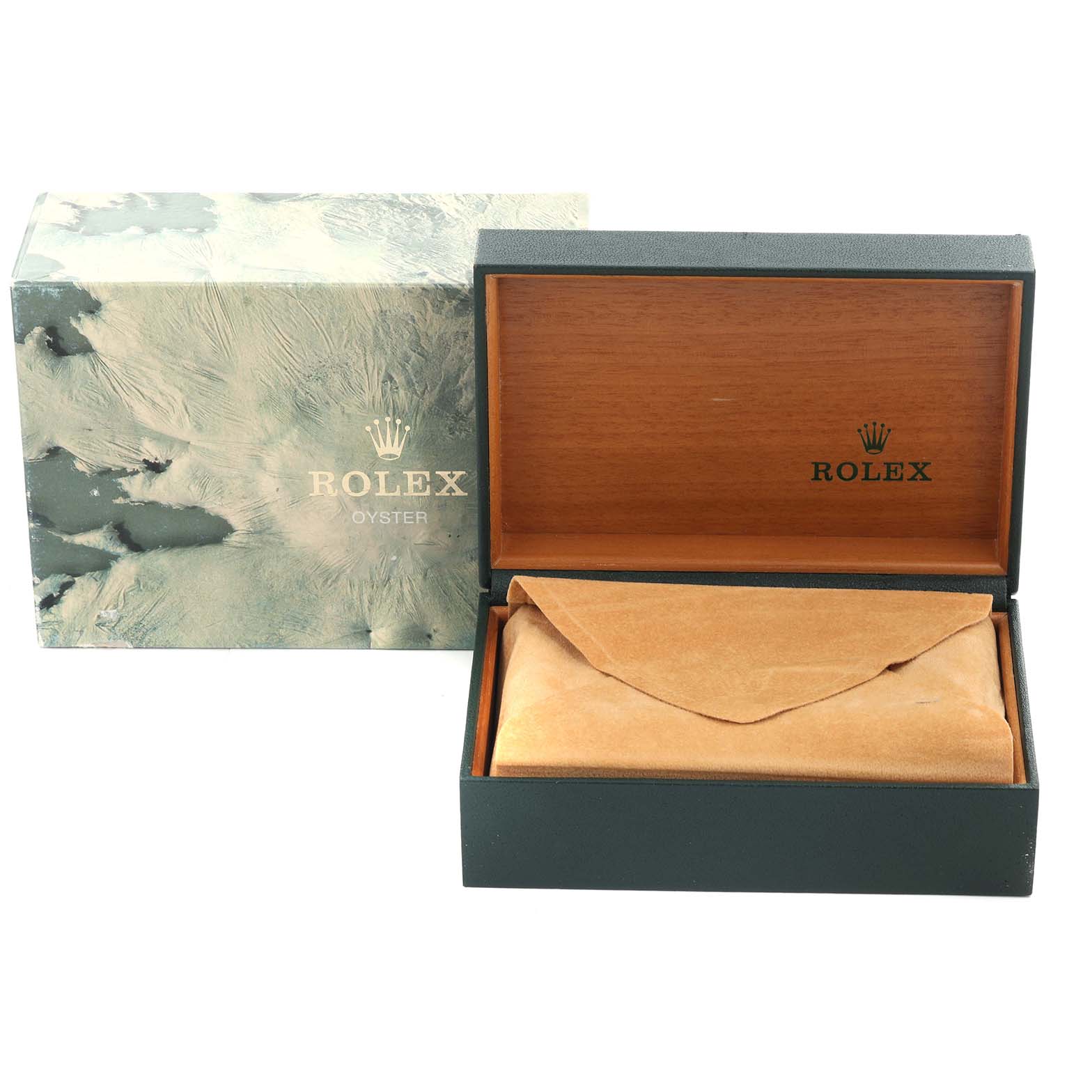 The image shows a Rolex Datejust 16233 Men's Steel and Gold (two tone) White Dial 16233 Men's Steel and Gold (two tone) White Dial watch box and outer packaging, angled to display the open case with a suede cushion inside.