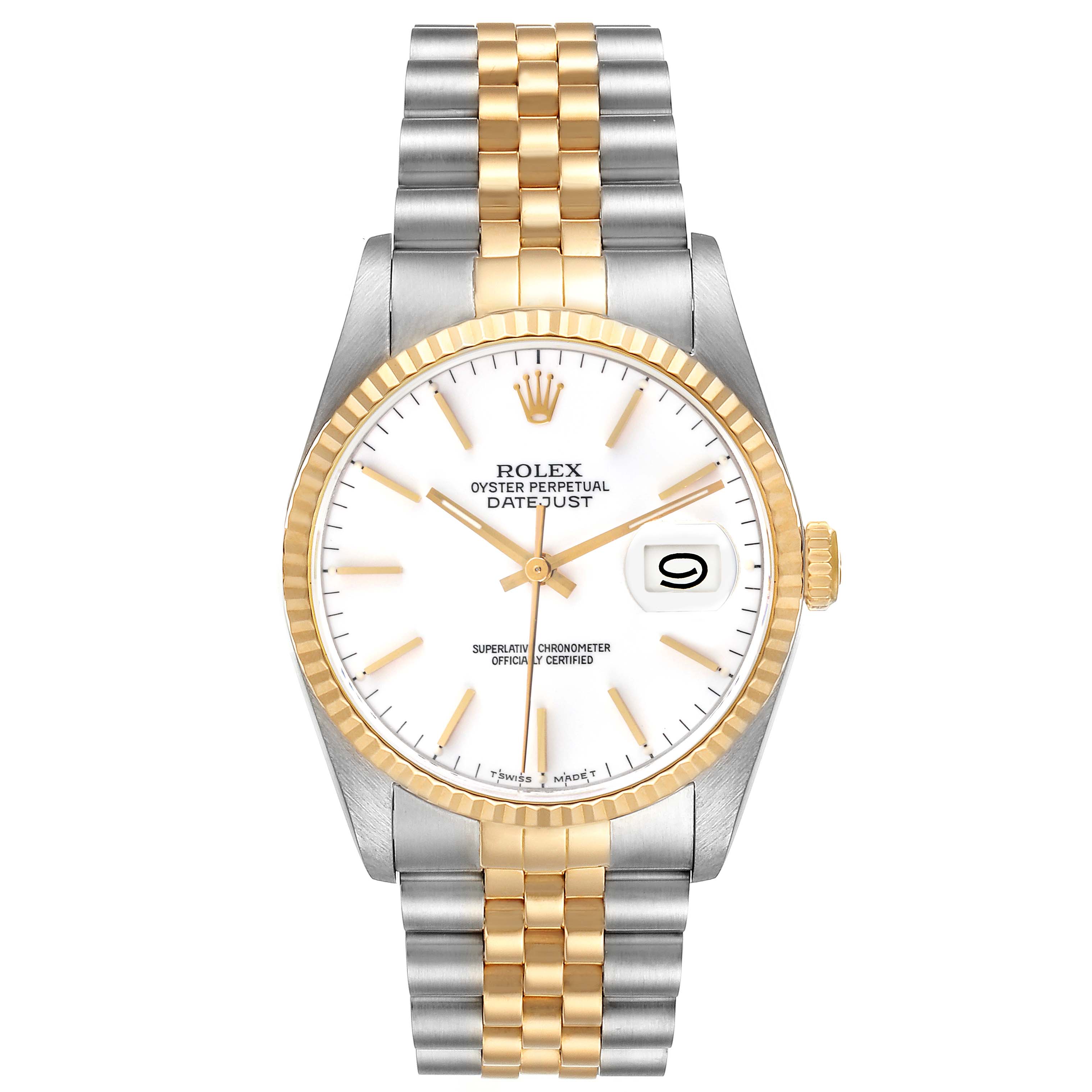 The Rolex Datejust 16233 Men's Steel and Gold (two tone) White Dial 16233 Men's Steel and Gold (two tone) White Dial watch is shown from a frontal angle, displaying its two-tone bracelet, dial, bezel, and date window.