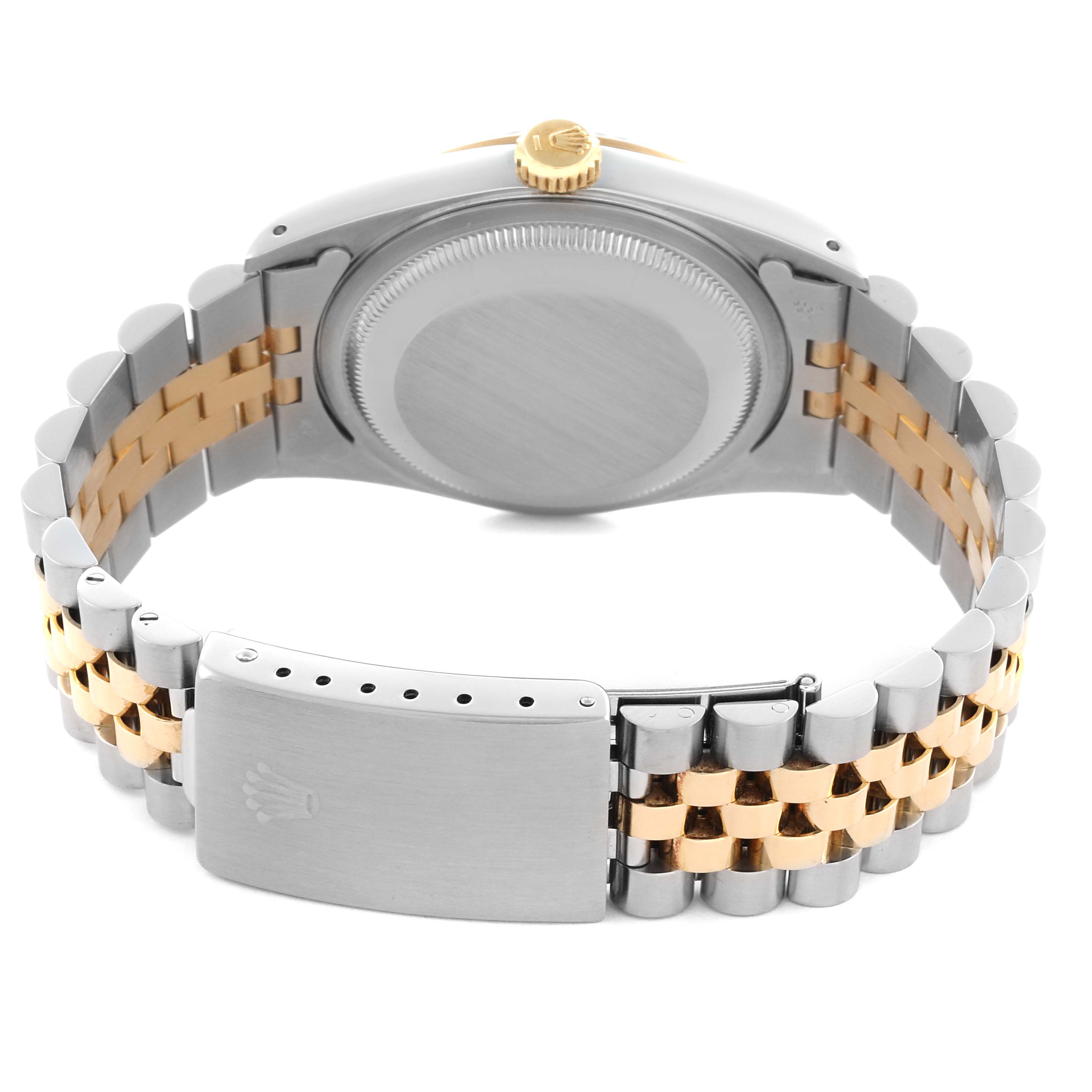 The image shows the back view of a Rolex Datejust 16233 Men's Steel and Gold (two tone) White Dial 16233 Men's Steel and Gold (two tone) White Dial watch, highlighting the case back, crown, and Jubilee bracelet with clasp.