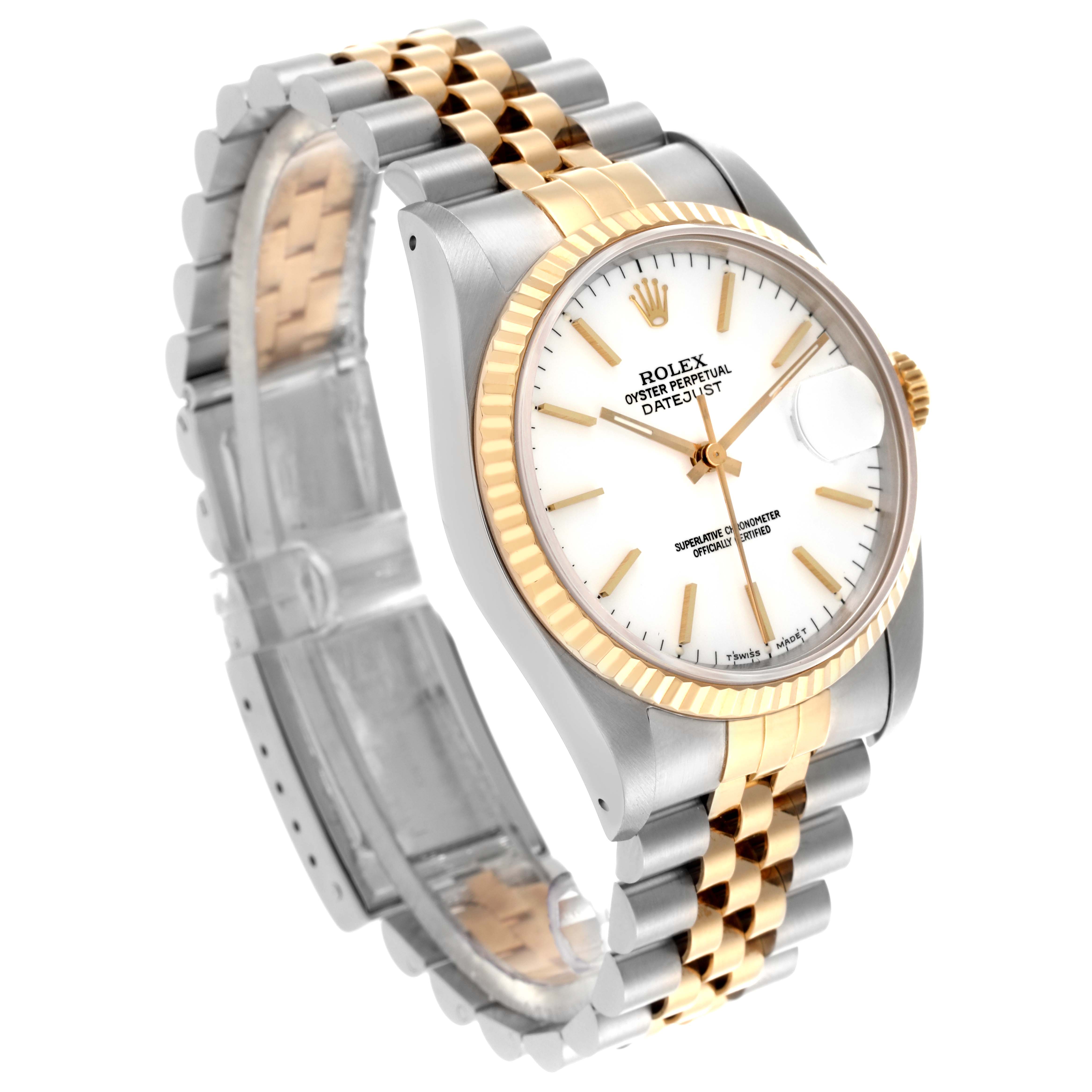The image shows a Rolex Datejust 16233 Men's Steel and Gold (two tone) White Dial 16233 Men's Steel and Gold (two tone) White Dial watch at a side angle, highlighting the dial, bezel, and Jubilee bracelet.