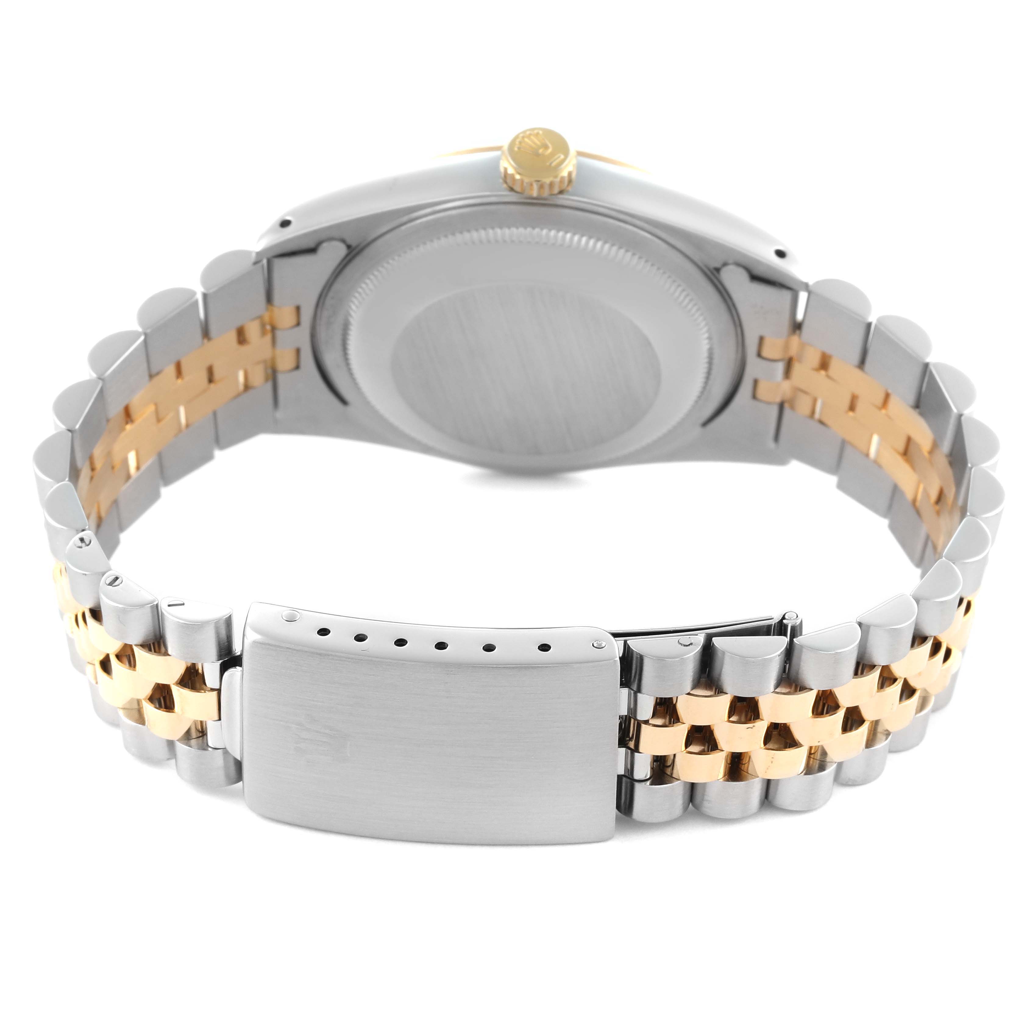 The Rolex Datejust 16233 Men's Steel and Gold (two tone) White Dial 16233 Men's Steel and Gold (two tone) White Dial is shown from the back, highlighting its bracelet, clasp, case back, and crown.
