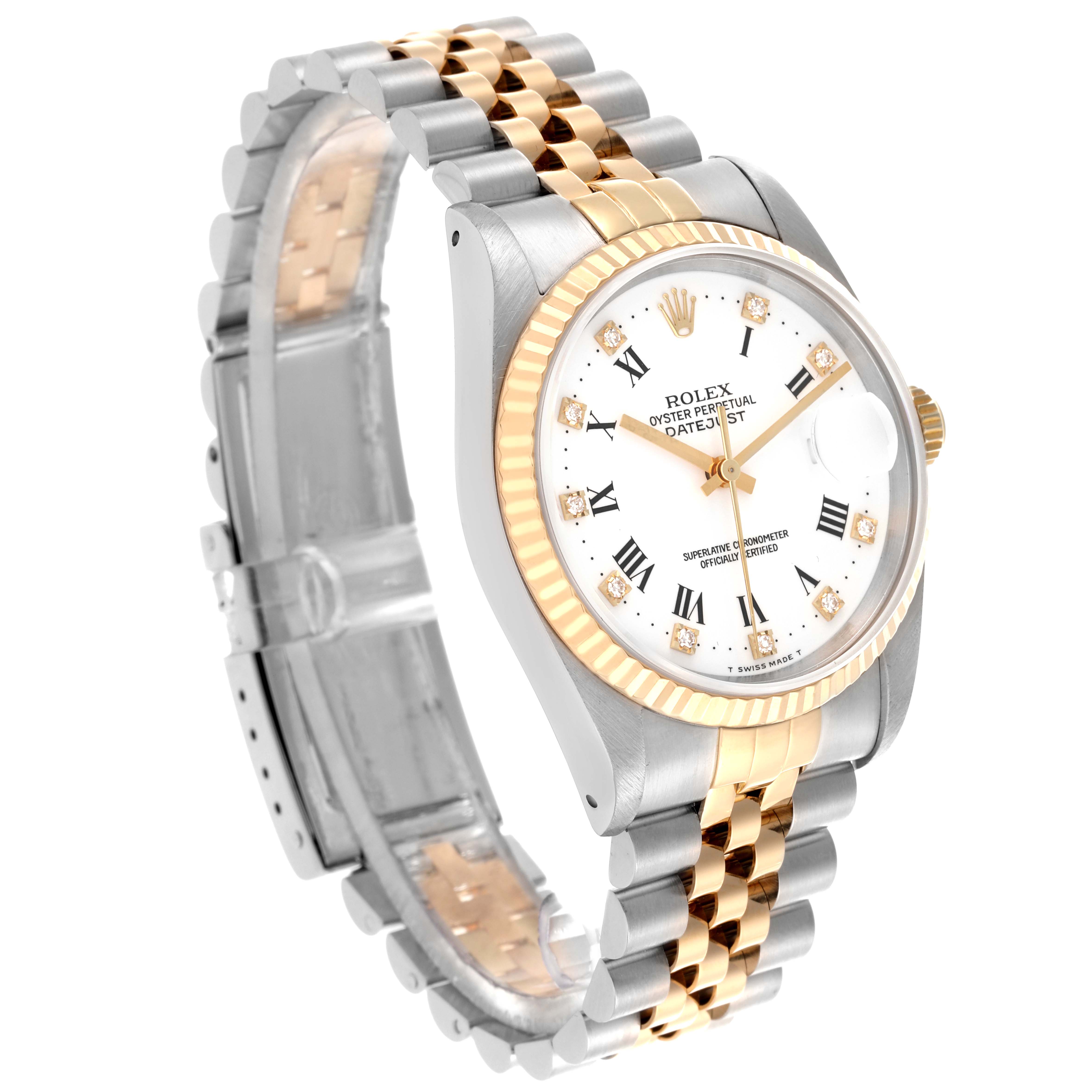 The Rolex Datejust 16233 Men's Steel and Gold (two tone) White Dial 16233 Men's Steel and Gold (two tone) White Dial watch is shown at a three-quarter angle, displaying its face, case, and two-tone bracelet.