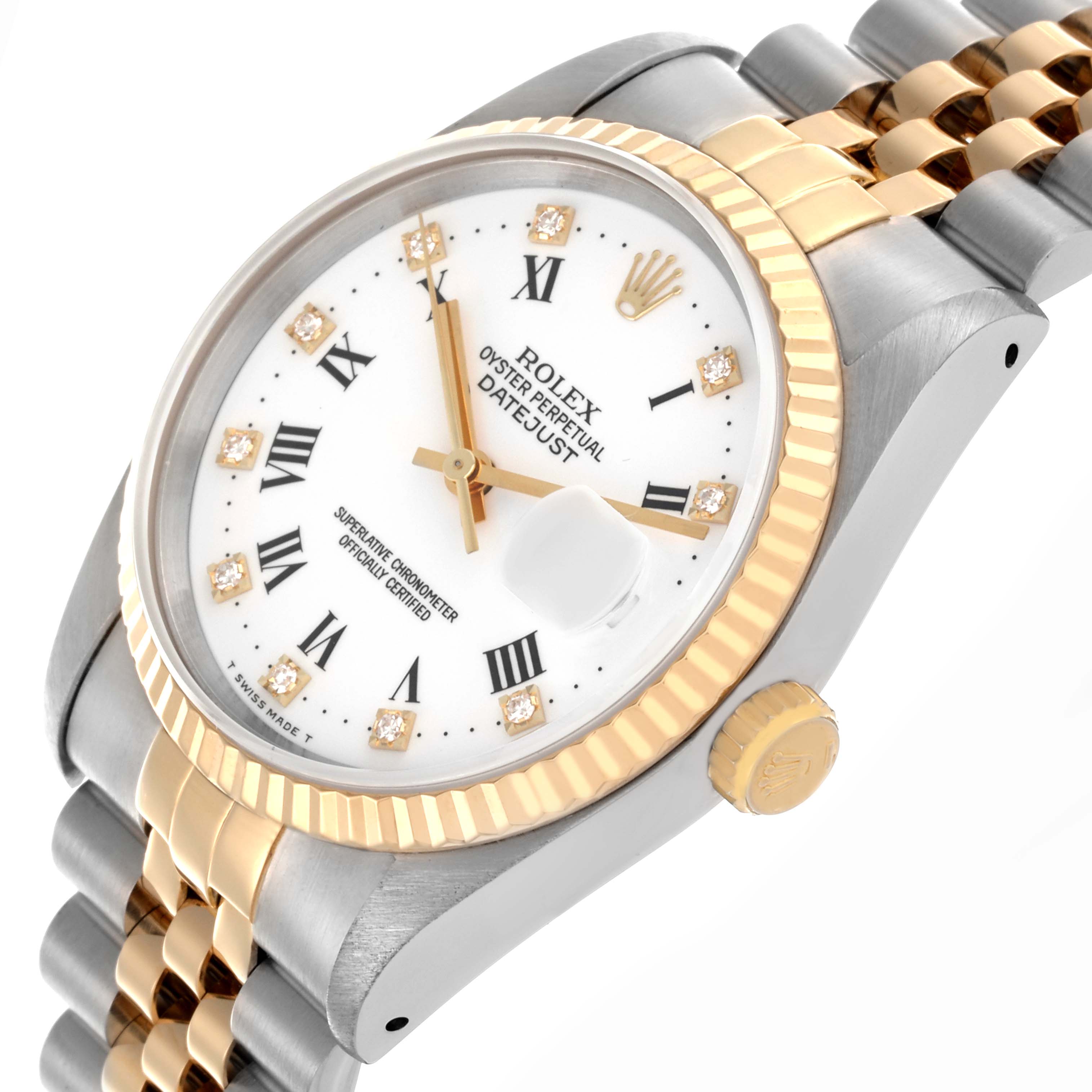 The Rolex Datejust 16233 Men's Steel and Gold (two tone) White Dial 16233 Men's Steel and Gold (two tone) White Dial watch is shown at a slight angle, highlighting the face, fluted bezel, crown, and jubilee bracelet.