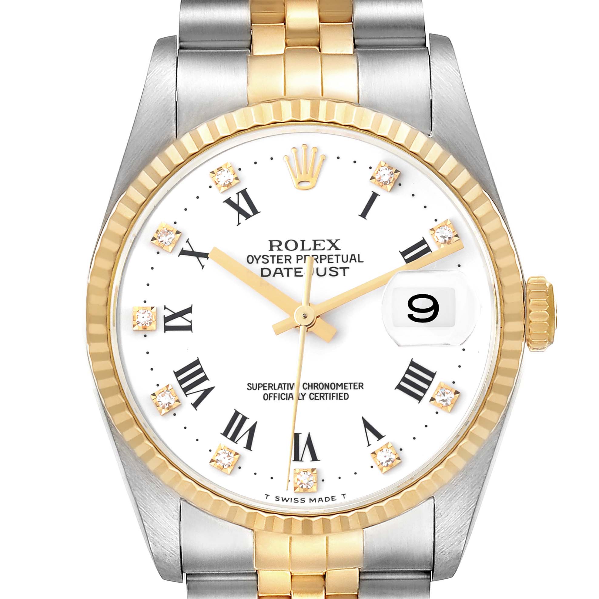 The Rolex Datejust 16233 Men's Steel and Gold (two tone) White Dial 16233 Men's Steel and Gold (two tone) White Dial watch is shown from the front, highlighting its dial, bezel, crown, and part of the bracelet.